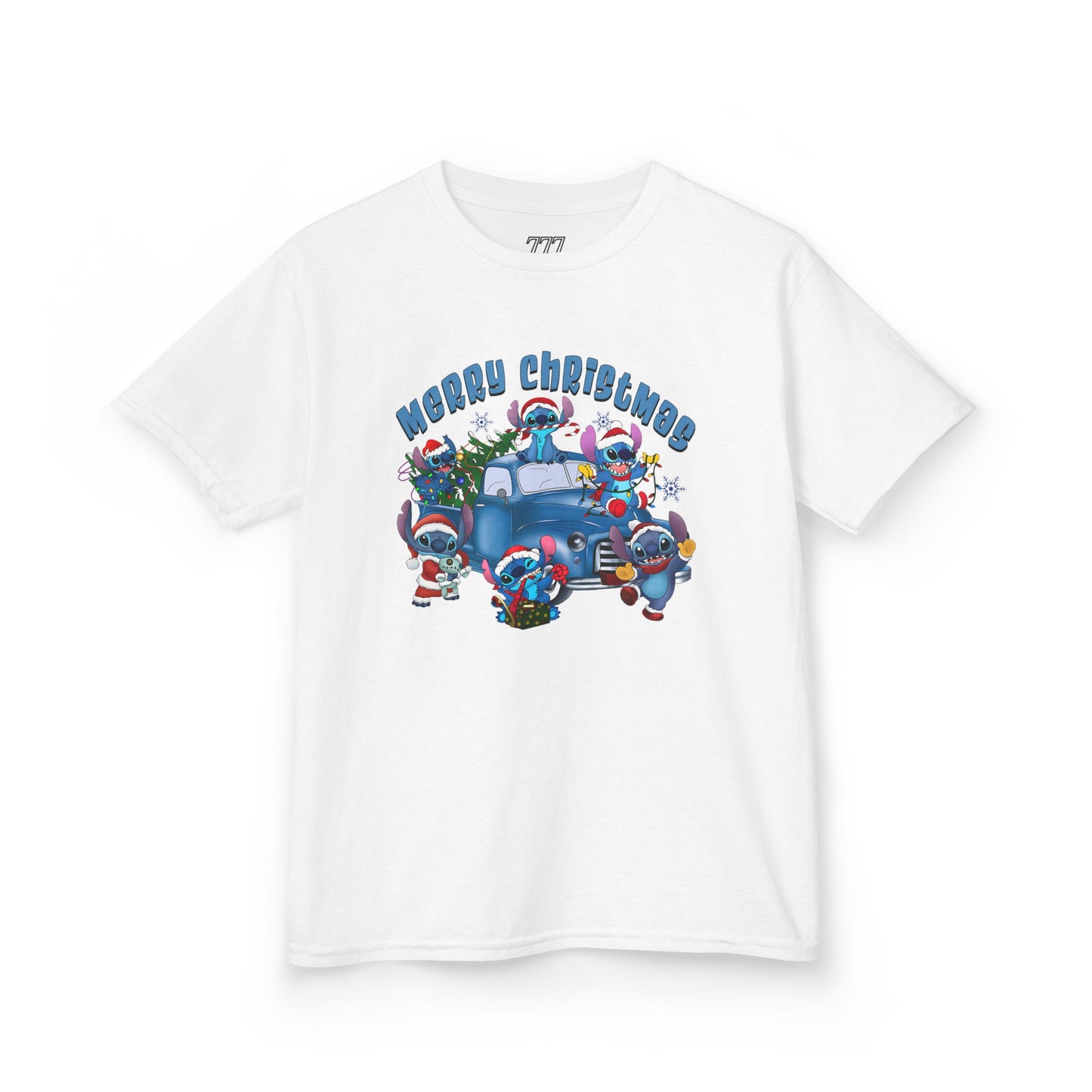 Merry Christmas Kids T-Shirt – Cute Blue Holiday Characters & Christmas Truck Tee