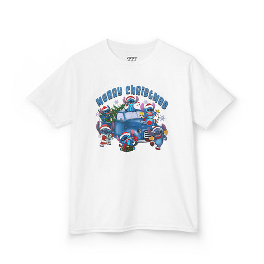 Merry Christmas Kids T-Shirt – Cute Blue Holiday Characters & Christmas Truck Tee