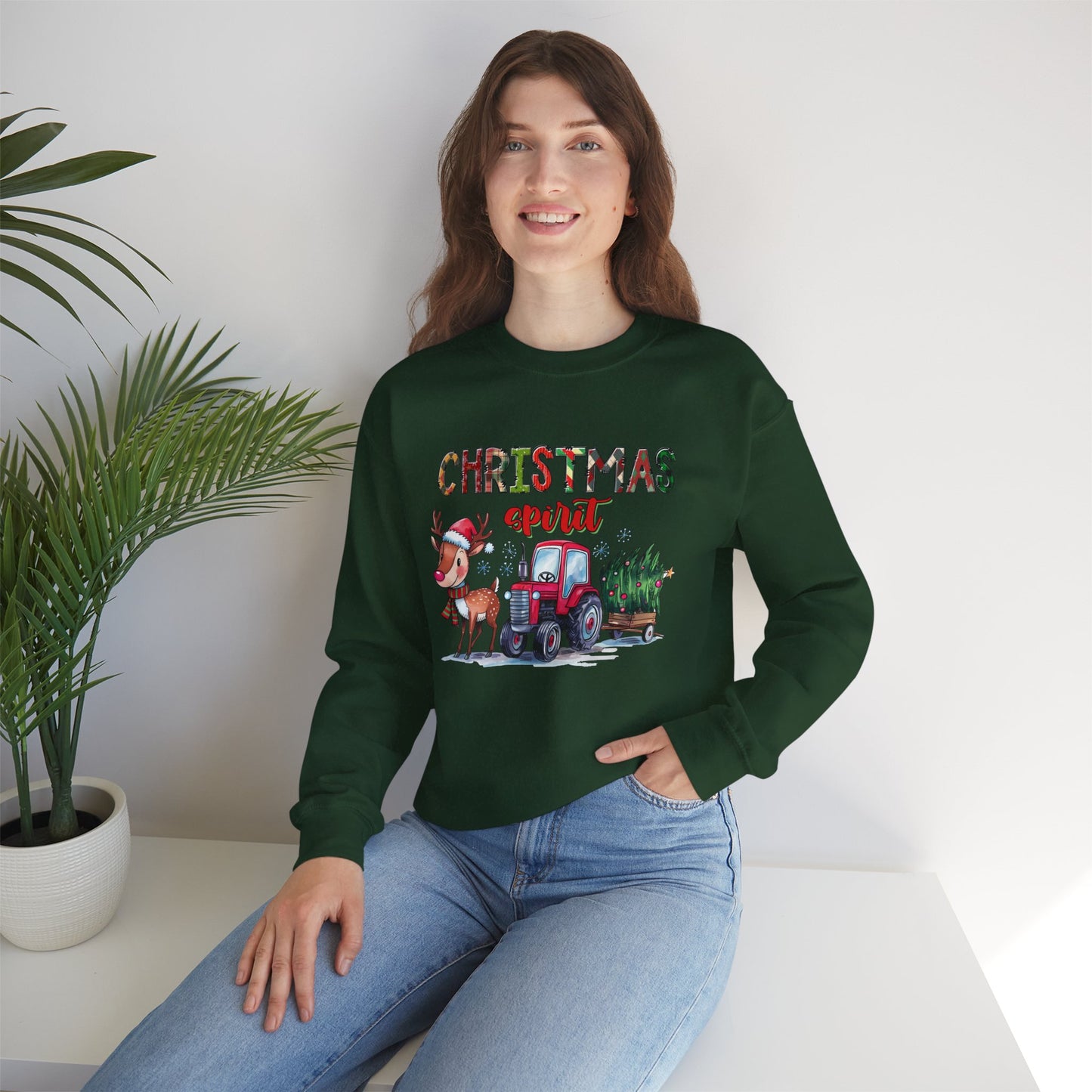 Christmas Spirit Unisex Heavy Blend Crewneck Sweatshirt – Cute Reindeer & Red Tractor Holiday Sweater