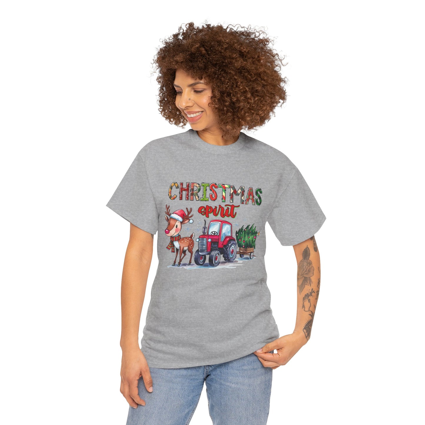 Christmas Spirit Unisex Heavy Cotton T-Shirt – Cute Reindeer & Red Tractor Holiday Tee