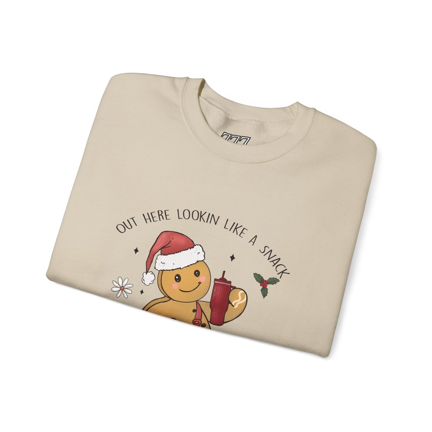 Out Here Looking Like a Snack Gingerbread Funny Christmas Holiday Sweatshirt – Cute Santa Hat Festive Unisex Heavy Blend Crewneck