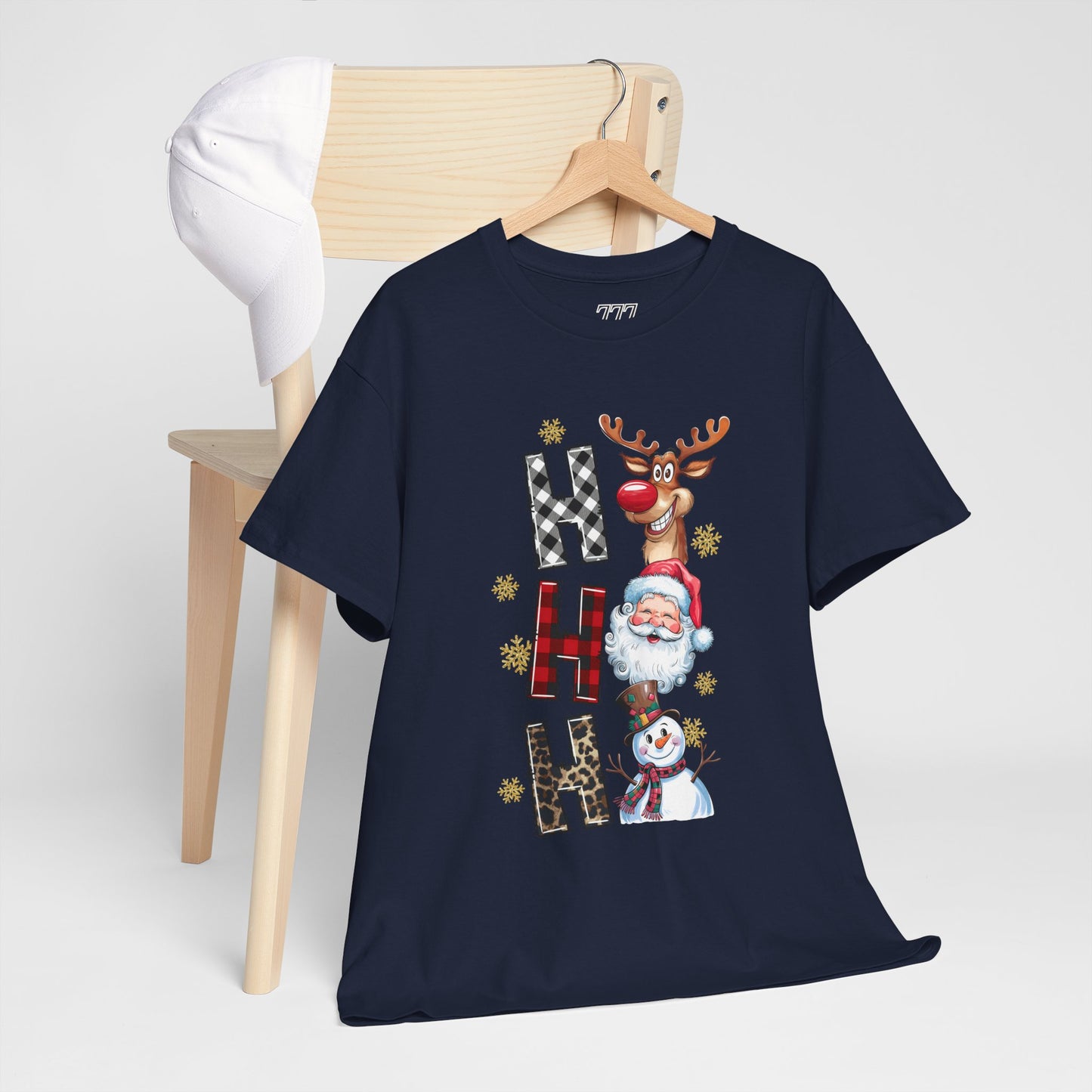 HO HO HO Christmas Unisex Heavy Cotton T-Shirt – Santa, Reindeer & Snowman Holiday Tee