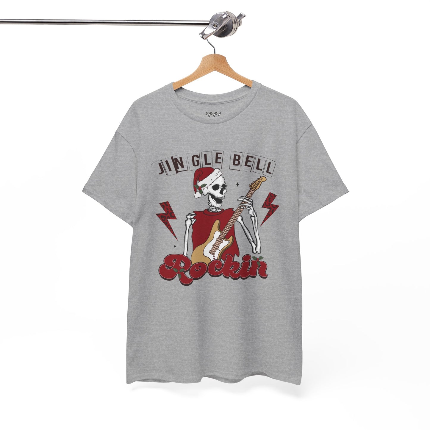 Jingle Bell Rockin’ Skeleton Christmas Rock Music Holiday Tee – Retro Guitar Santa Unisex Heavy Cotton T-Shirt