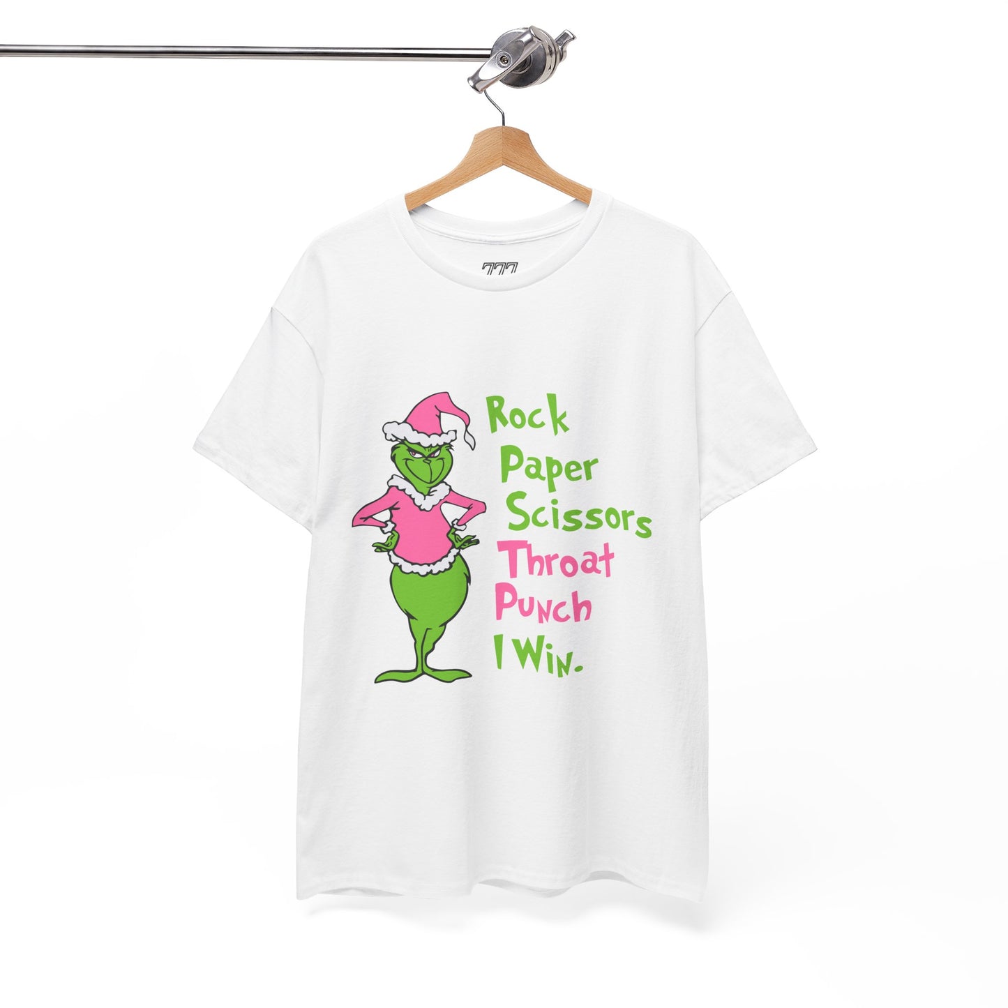 Rock Paper Scissors Throat Punch I Win Funny Christmas Grinch-Inspired Holiday Tee – Sarcastic Pink Santa Unisex Heavy Cotton T-Shirt