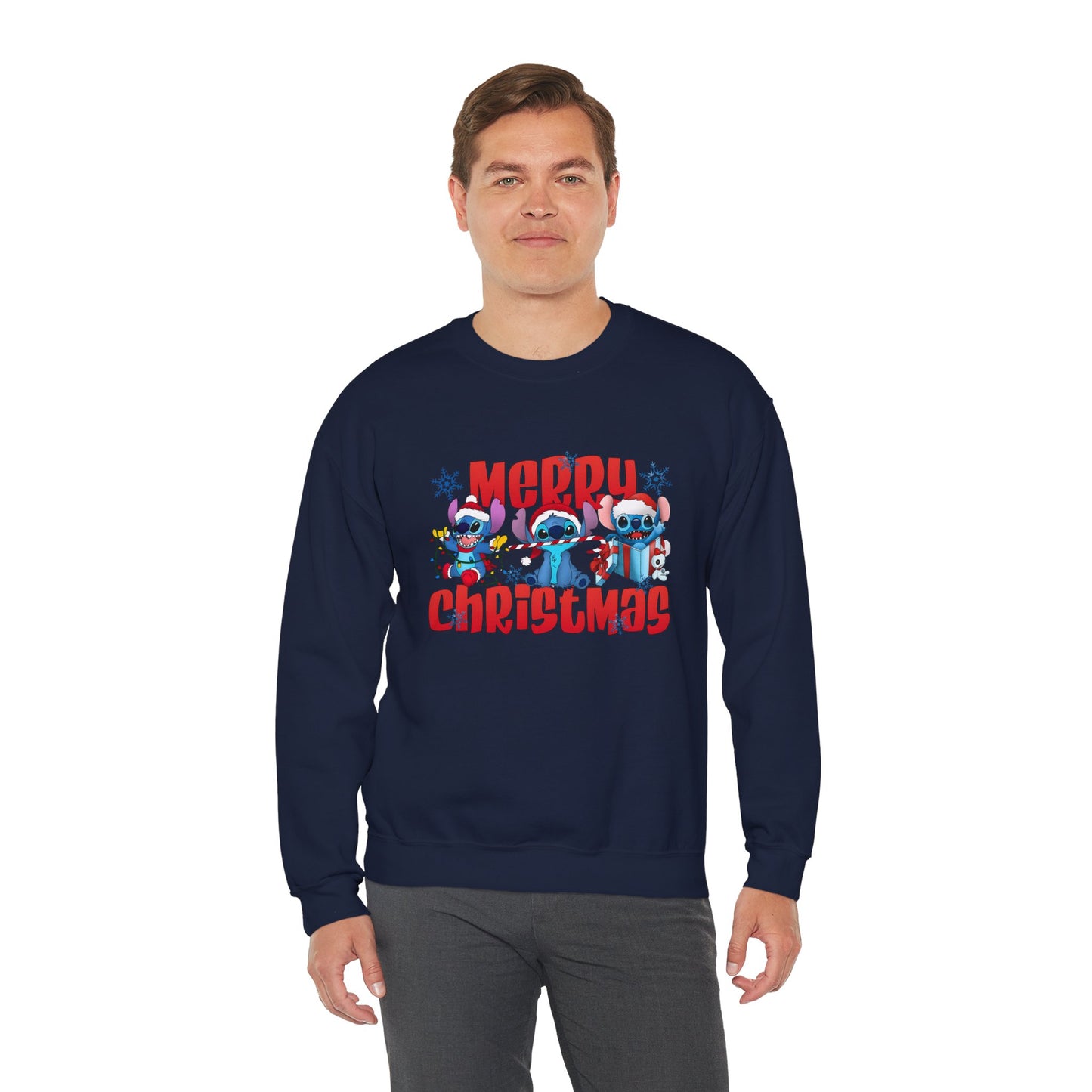 Merry Christmas Unisex Heavy Blend Crewneck Sweatshirt – Cute Blue Holiday Characters Sweater