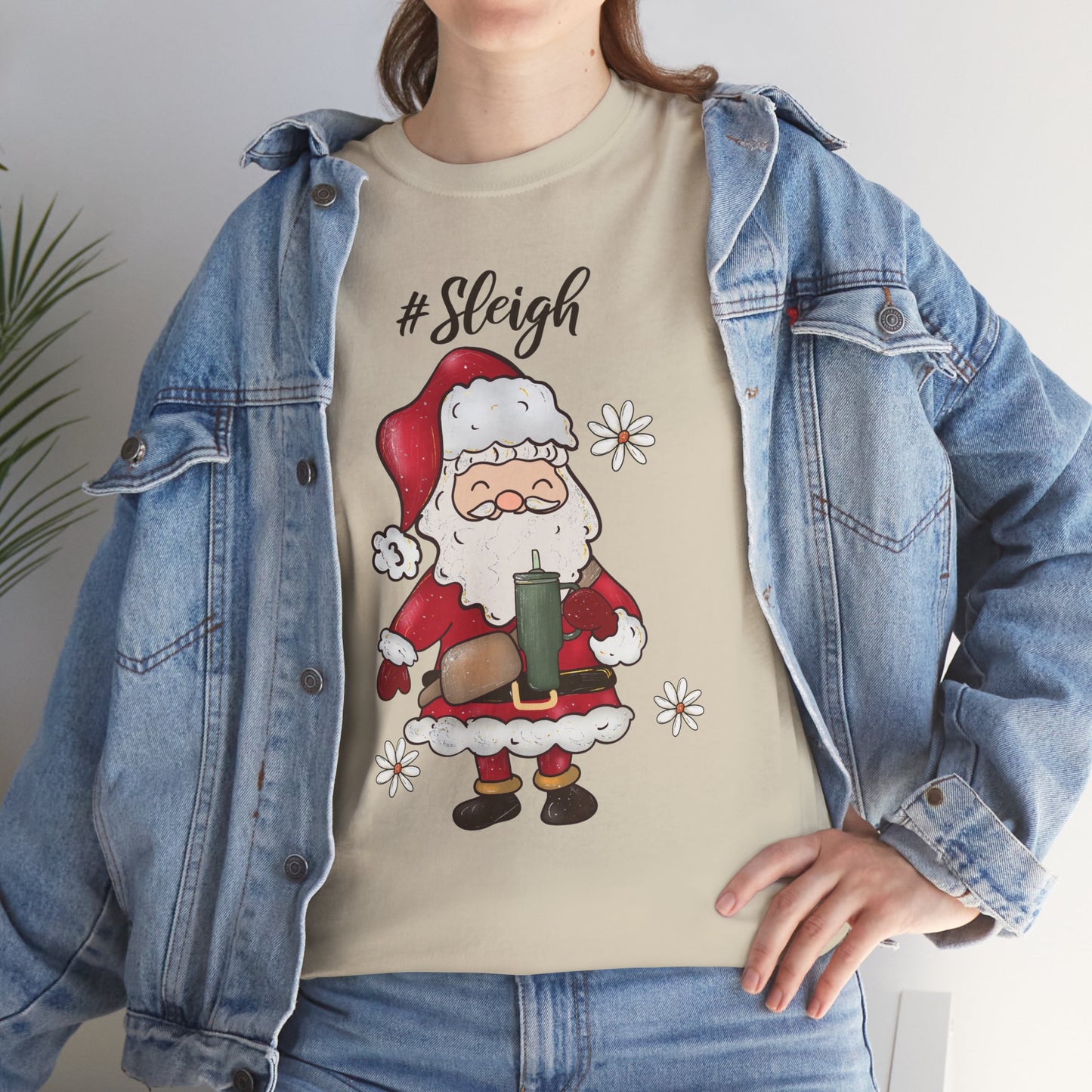#Sleigh Funny Santa Christmas Tee – Cute Modern Holiday Hashtag Graphic Unisex Heavy Cotton T-Shirt