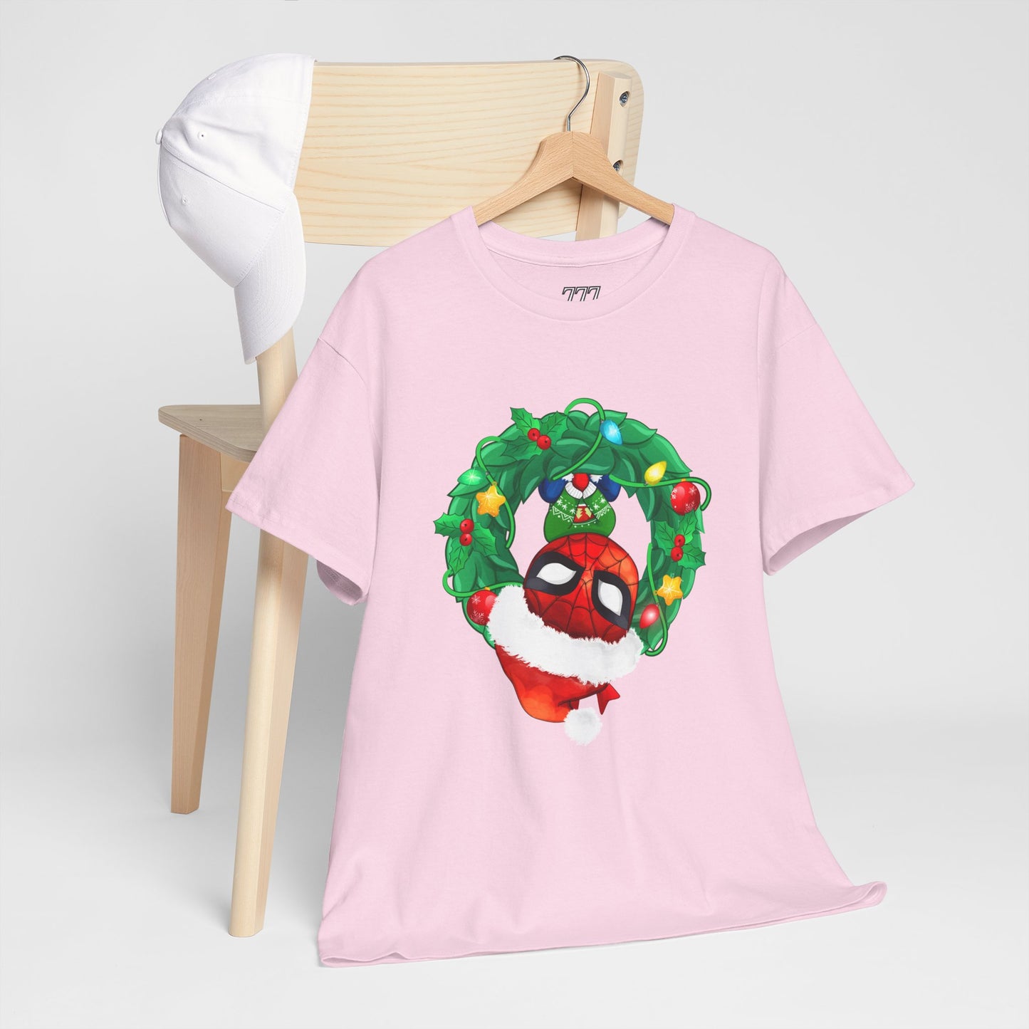 Spidey Wreath Christmas Tee – Superhero Holiday Lights Festive Unisex Heavy Cotton T-Shirt