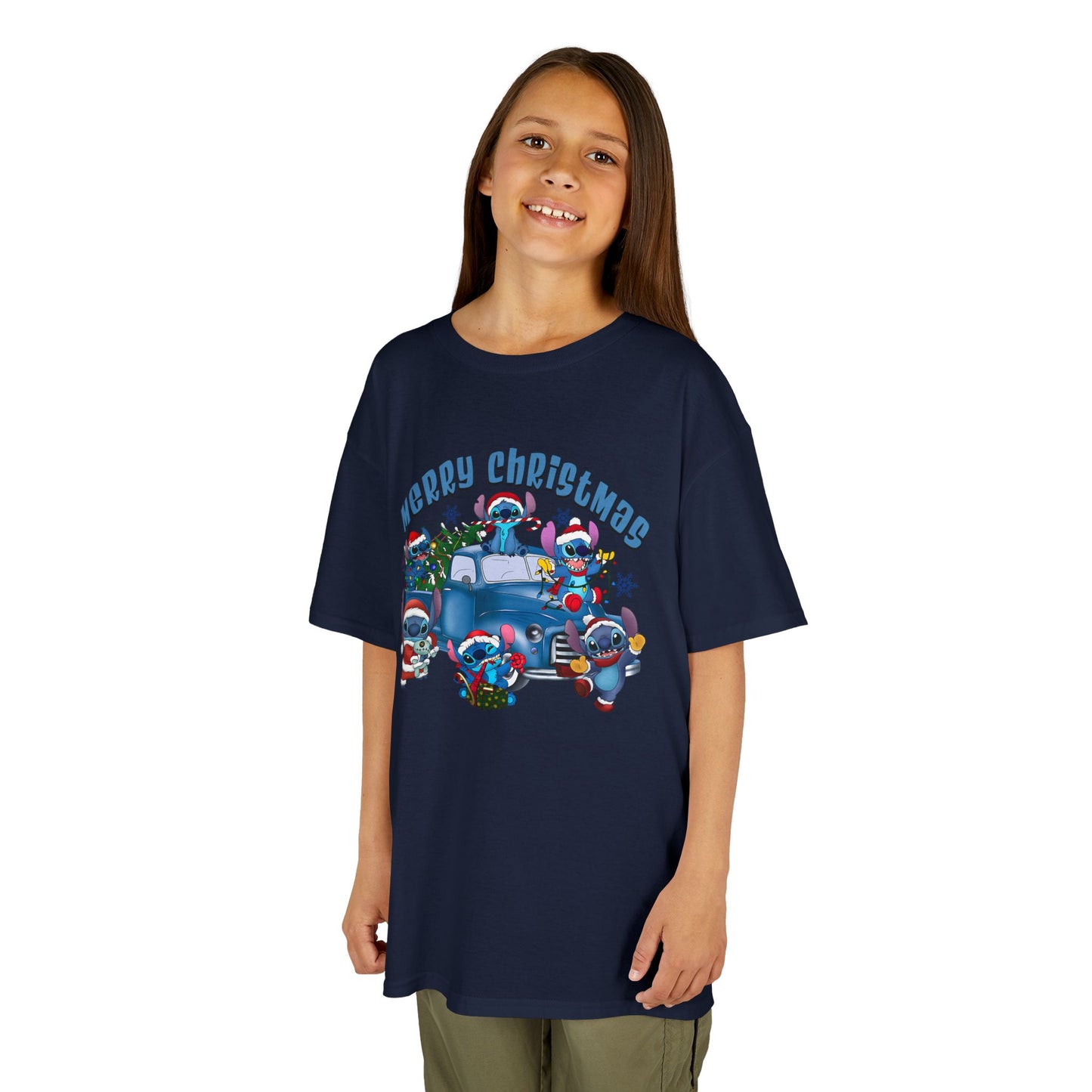 Merry Christmas Kids T-Shirt – Cute Blue Holiday Characters & Christmas Truck Tee