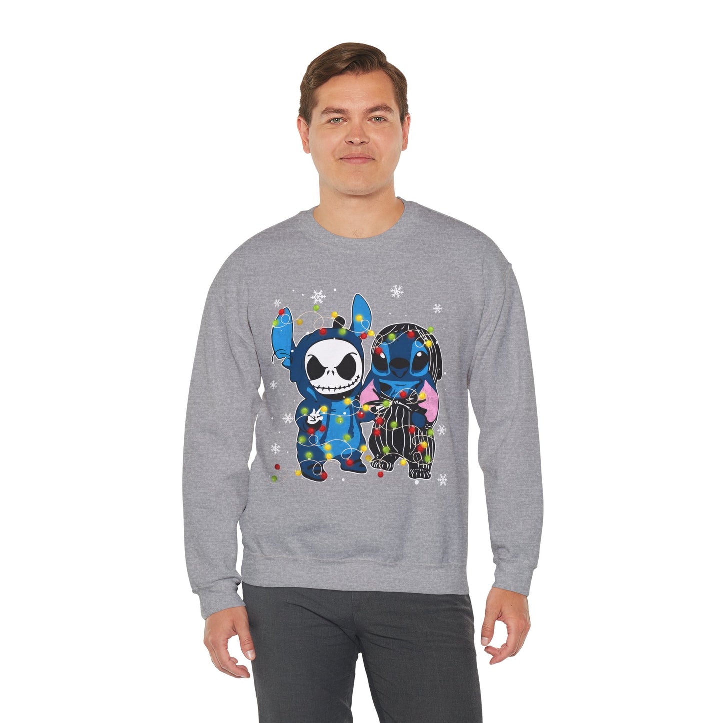 Cute Holiday Duo Christmas Unisex Heavy Blend Crewneck Sweatshirt – Cartoon Alien & Skeleton Festive Sweater