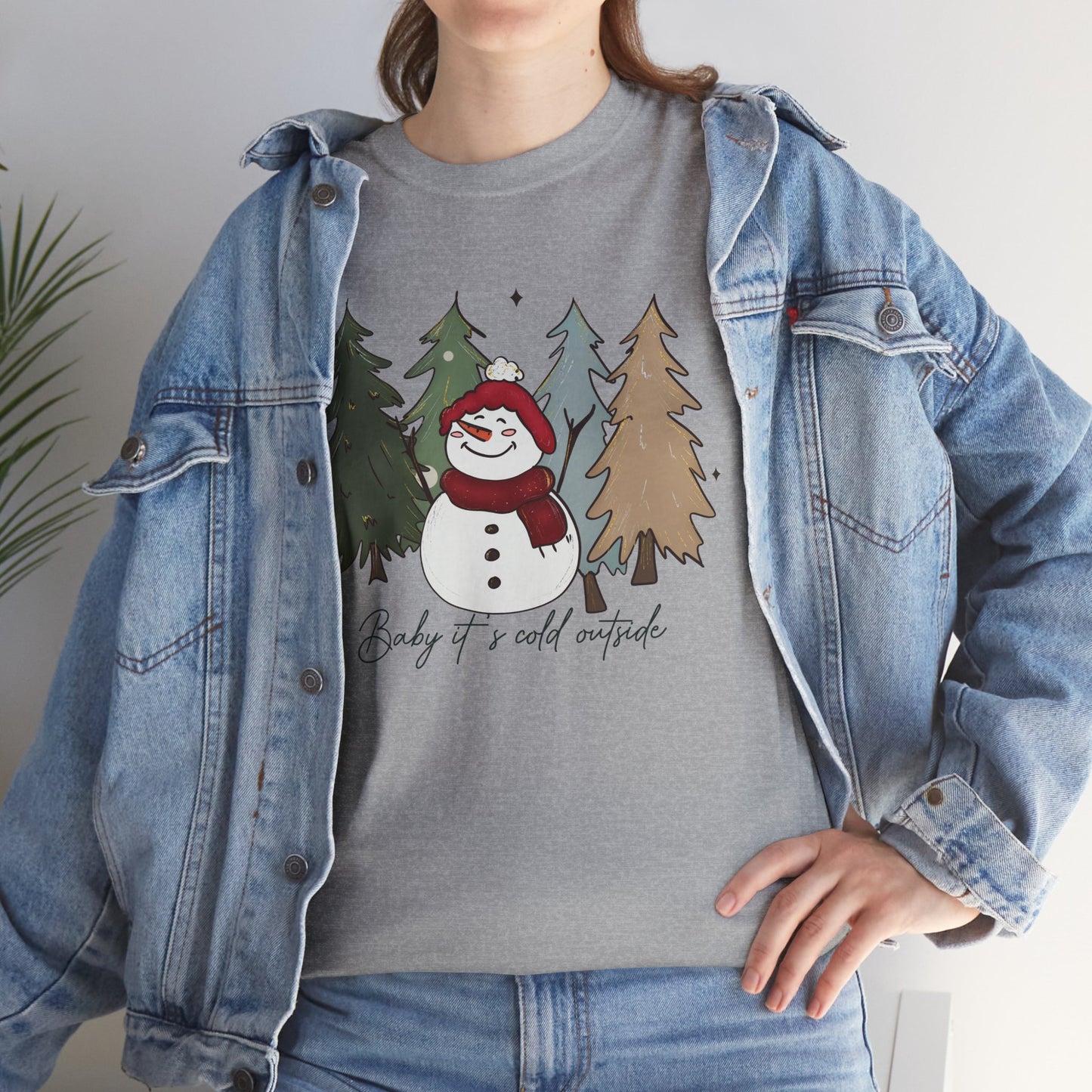 Baby It’s Cold Outside Snowman Christmas Tee – Cozy Winter Aesthetic Holiday Unisex Heavy Cotton T-Shirt