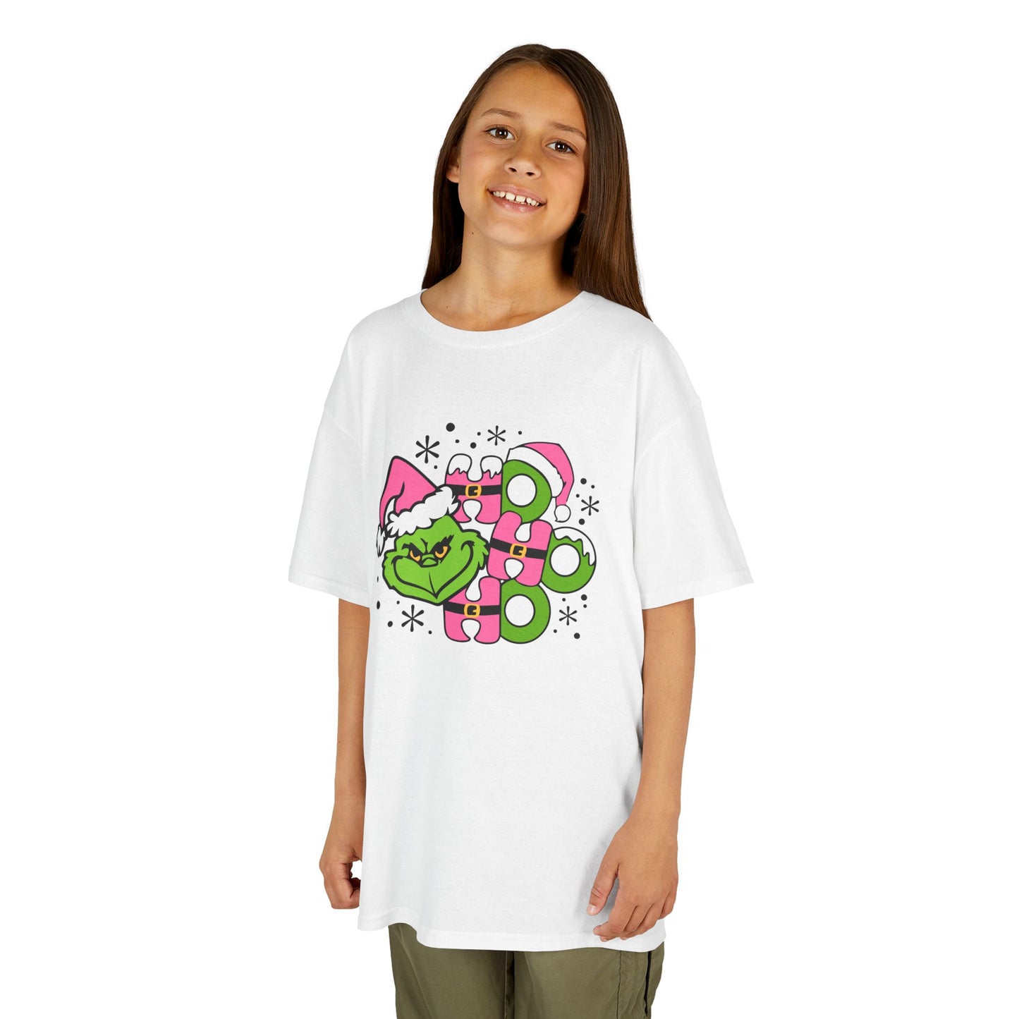 HO HO HO Cute Christmas Grinch-Inspired Kids Holiday T-Shirt – Pink Santa Festive Kids Heavy Cotton Tee