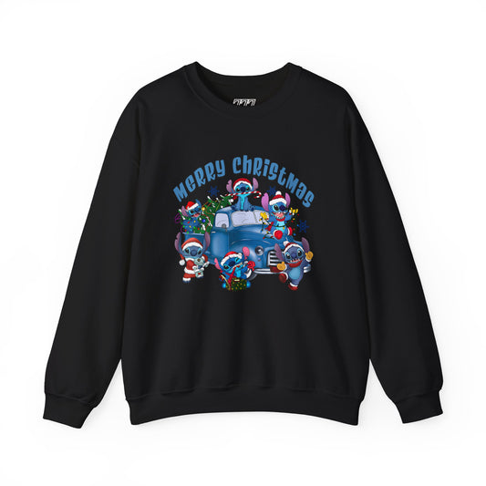 Merry Christmas Unisex Heavy Blend Crewneck Sweatshirt – Blue Christmas Truck & Cute Holiday Characters Sweater