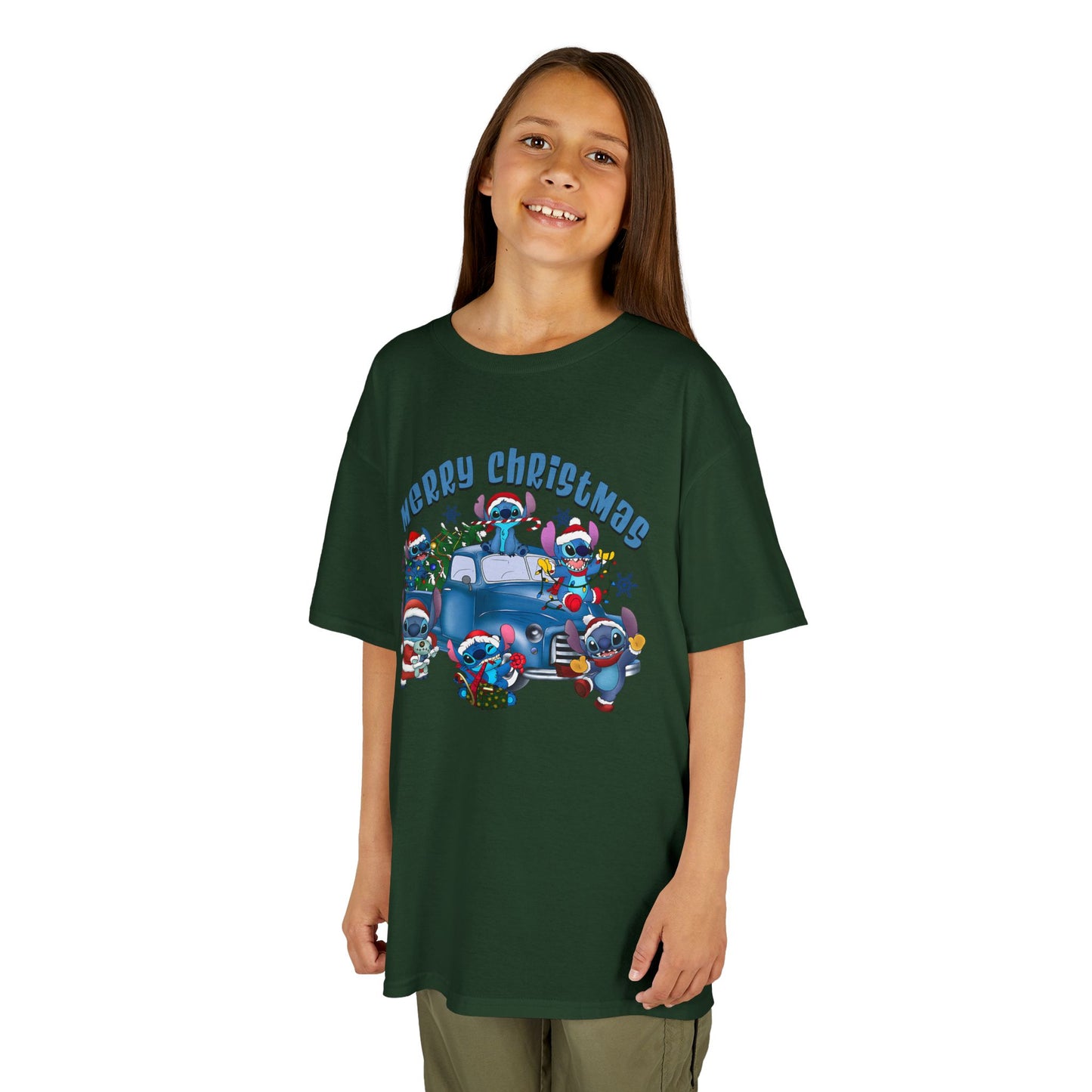 Merry Christmas Kids T-Shirt – Cute Blue Holiday Characters & Christmas Truck Tee