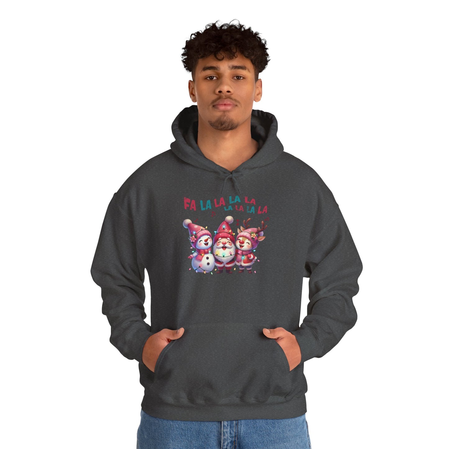 Festive Caroling Trio Christmas Hoodie – Cute Santa, Snowman & Reindeer Holiday Sweatshirt (Unisex)