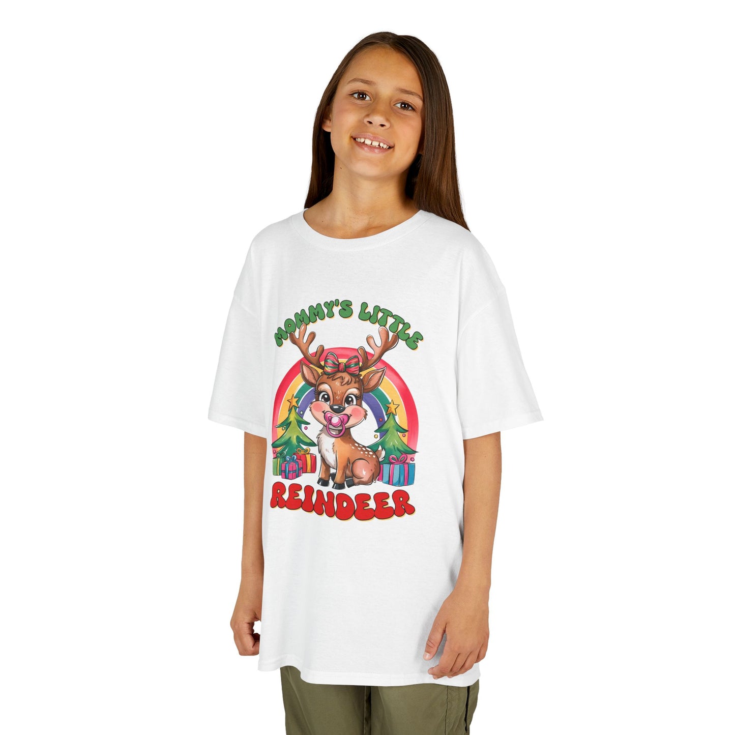 Mommy’s Little Reindeer Kids Christmas T-Shirt – Cute Holiday Reindeer Heavy Cotton Tee