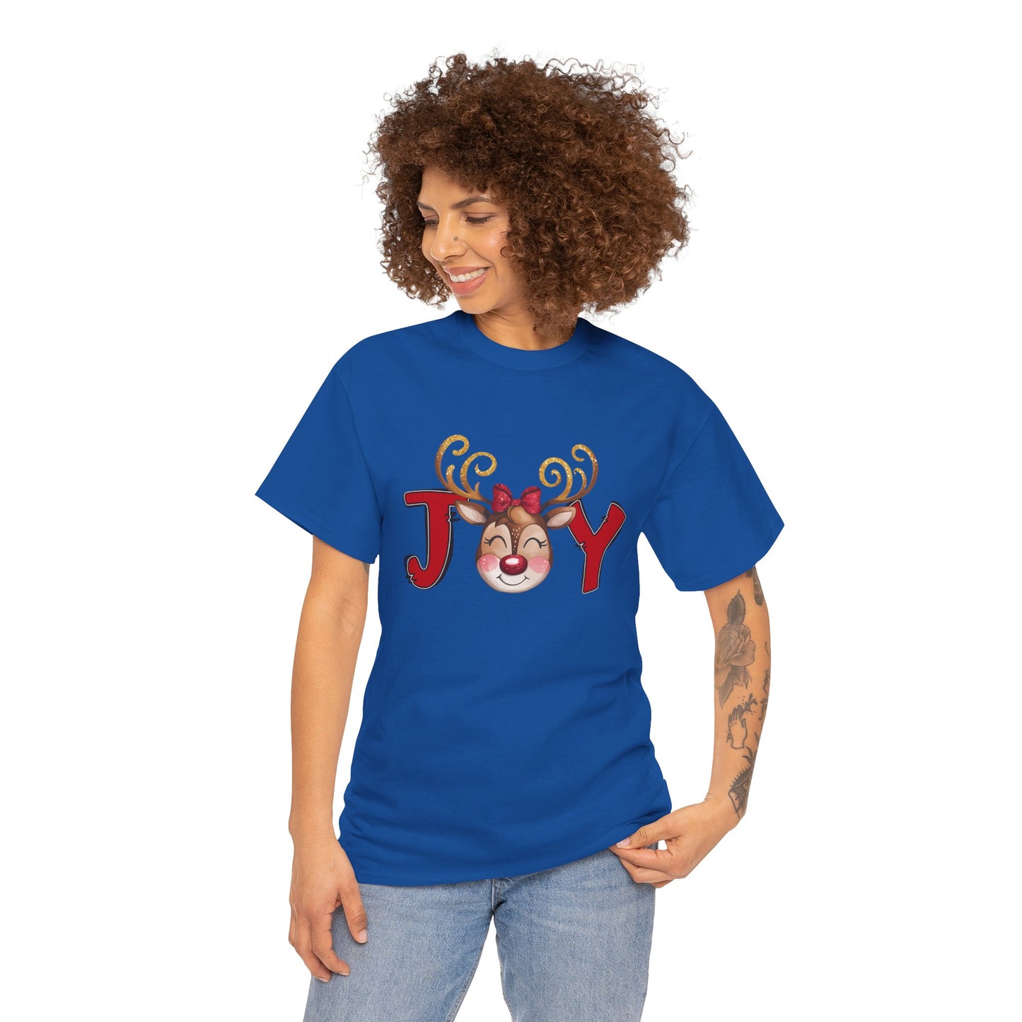 Reindeer Joy Women’s Christmas T-Shirt – Cute Holiday Reindeer Face Heavy Cotton Tee