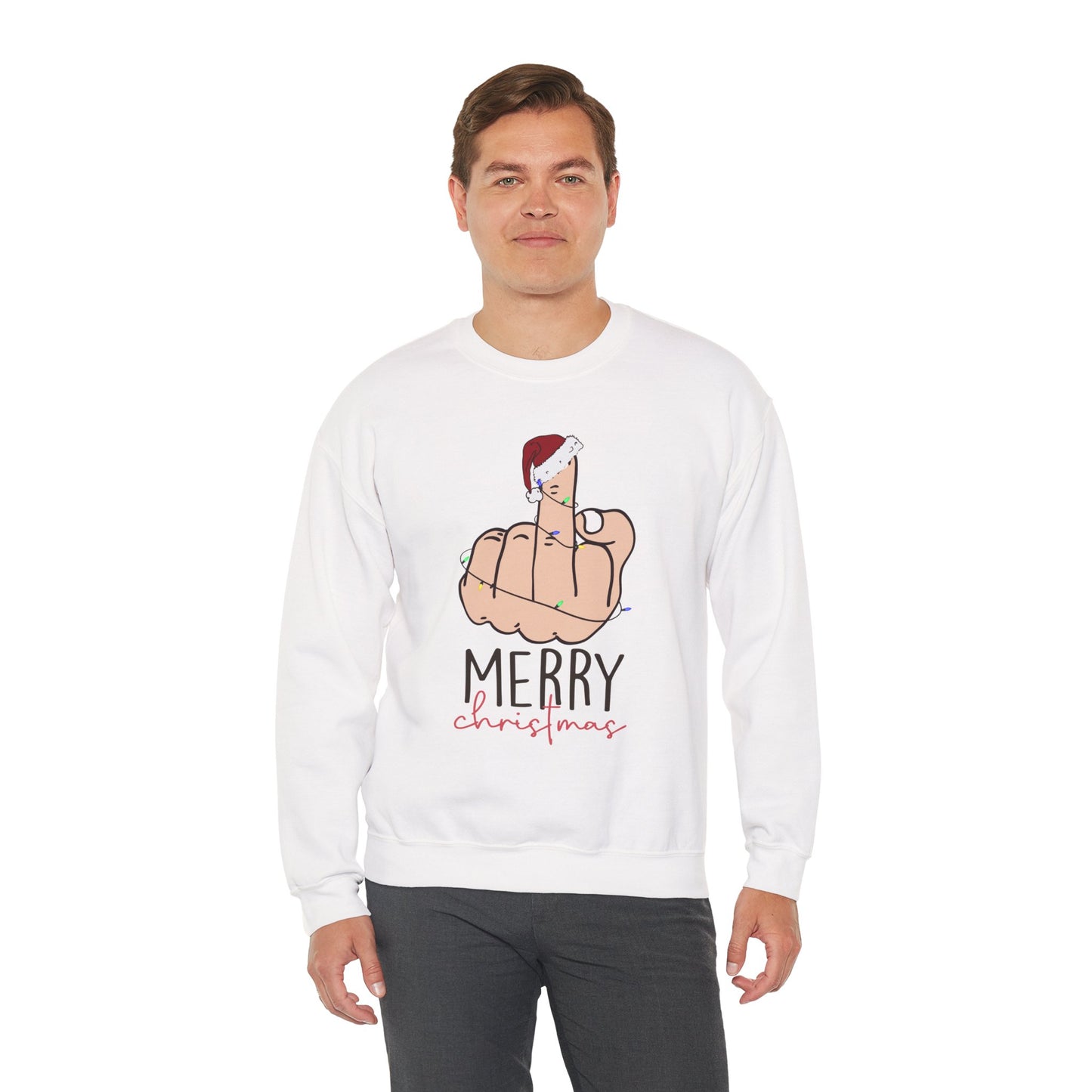 Merry Christmas Middle Finger Funny Adult Holiday Sweatshirt – Sarcastic Santa Joke Unisex Heavy Blend Crewneck