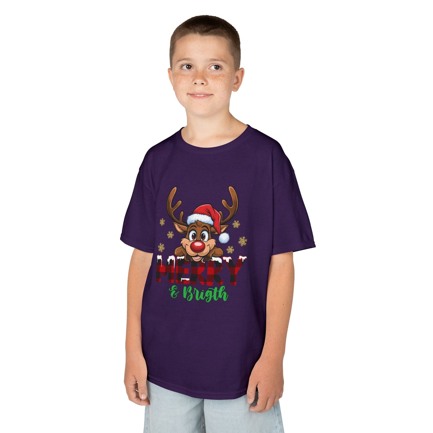 Merry & Bright Kids Christmas T-Shirt – Cute Reindeer Holiday Heavy Cotton Tee