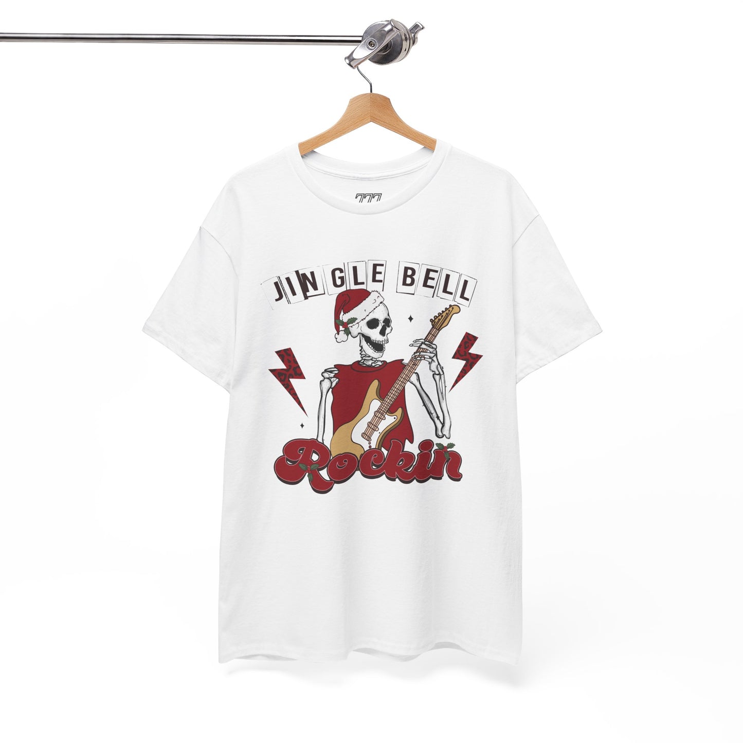 Jingle Bell Rockin’ Skeleton Christmas Rock Music Holiday Tee – Retro Guitar Santa Unisex Heavy Cotton T-Shirt