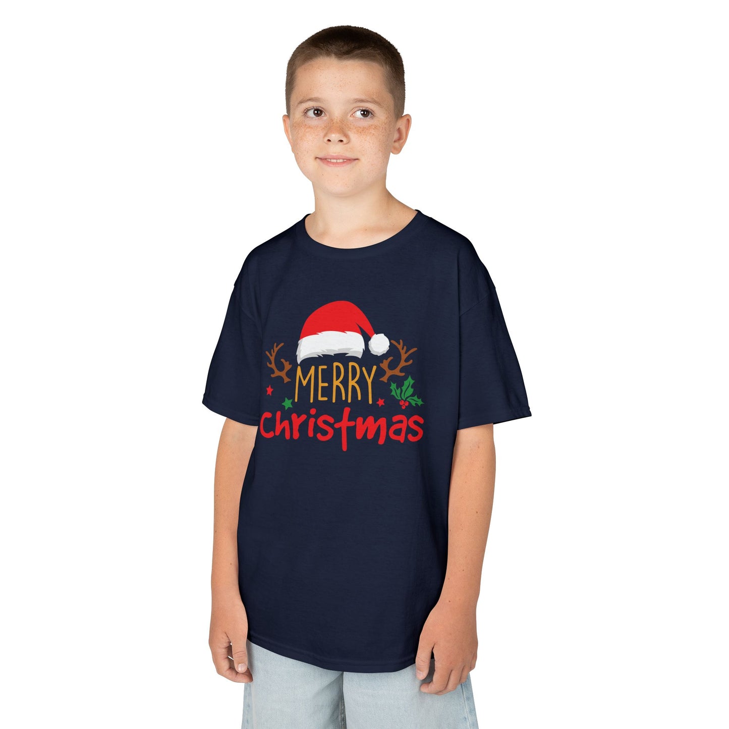Merry Christmas Reindeer Kids T-Shirt – Cute Holiday Santa Hat Xmas Graphic Tee