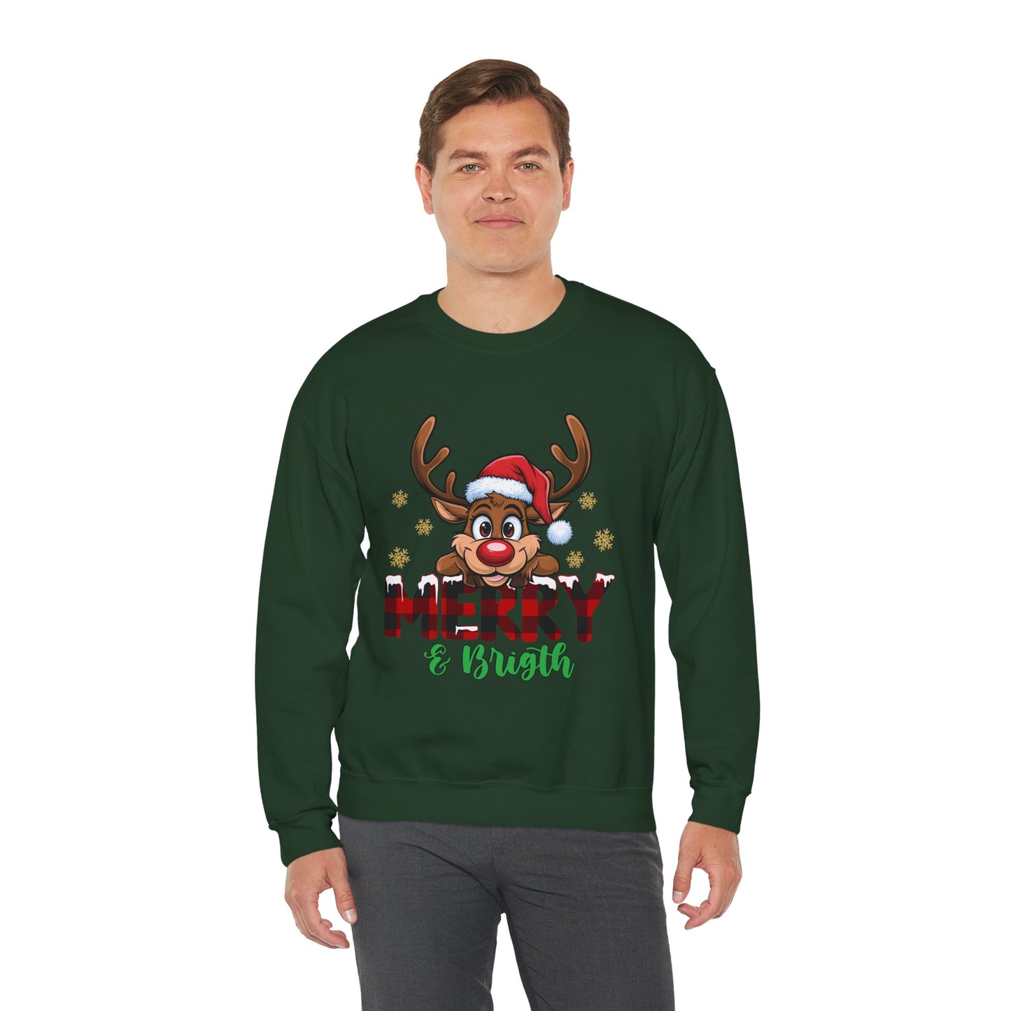 Merry & Bright Unisex Heavy Blend Crewneck Sweatshirt – Cute Christmas Reindeer Holiday Sweater