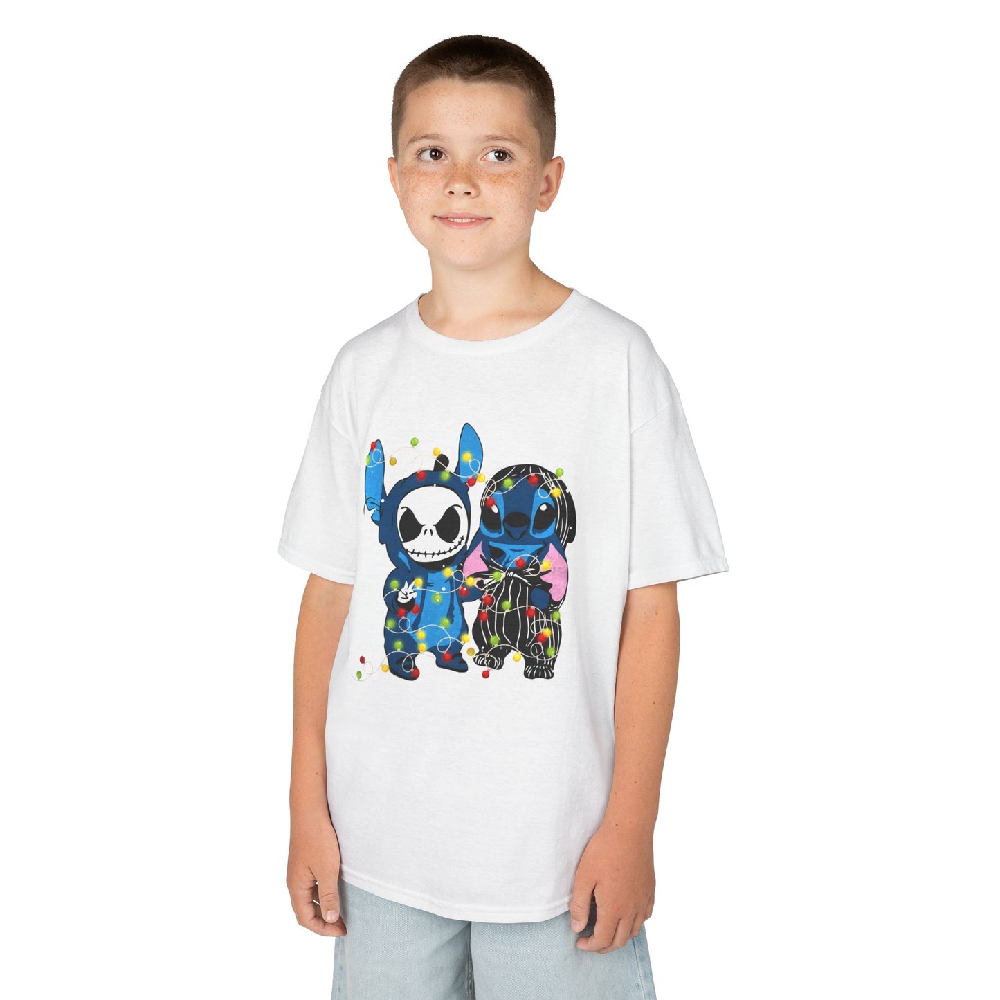 Cute Holiday Duo Christmas T-Shirt – Cartoon Alien & Skeleton Festive Unisex Kids Tee