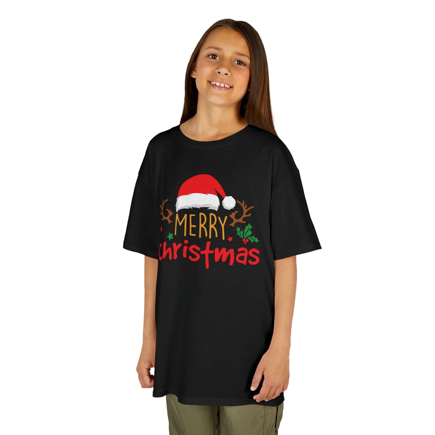 Merry Christmas Reindeer Kids T-Shirt – Cute Holiday Santa Hat Xmas Graphic Tee