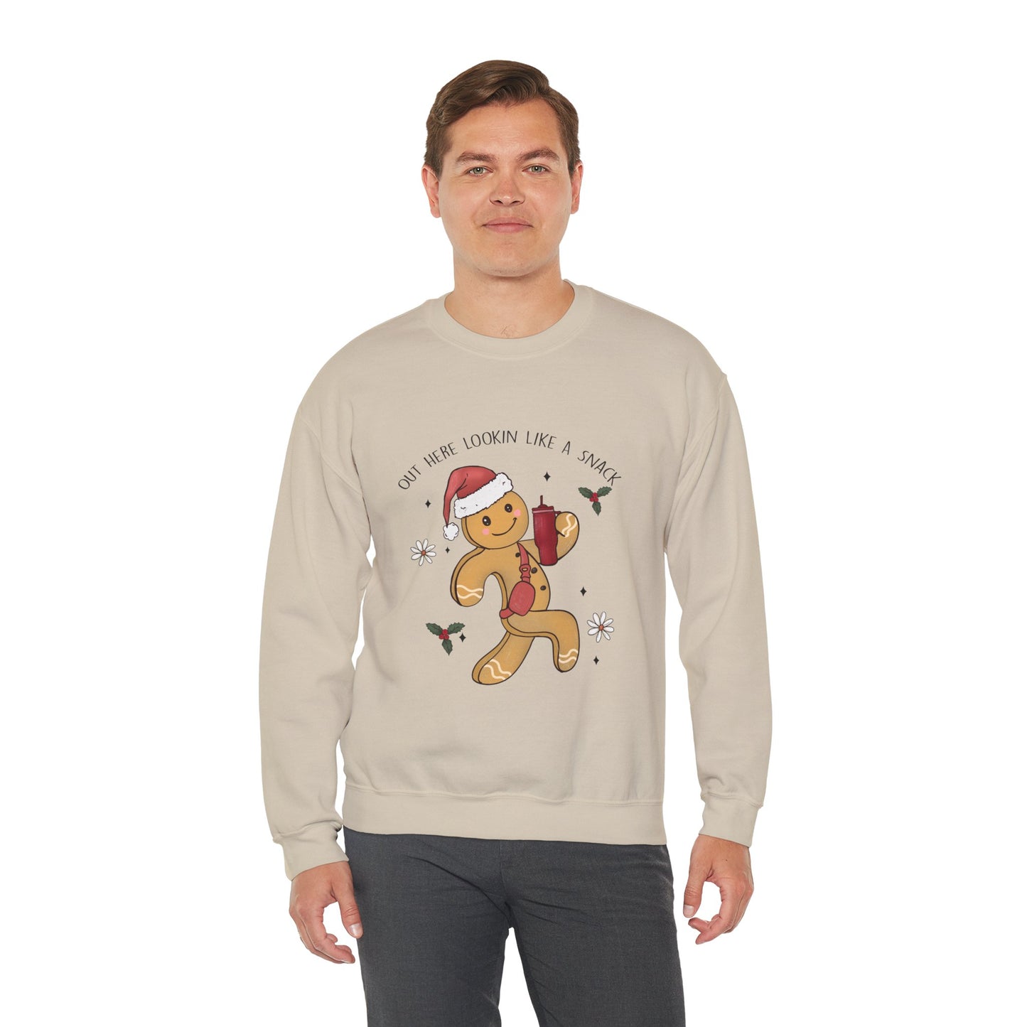 Out Here Looking Like a Snack Gingerbread Funny Christmas Holiday Sweatshirt – Cute Santa Hat Festive Unisex Heavy Blend Crewneck