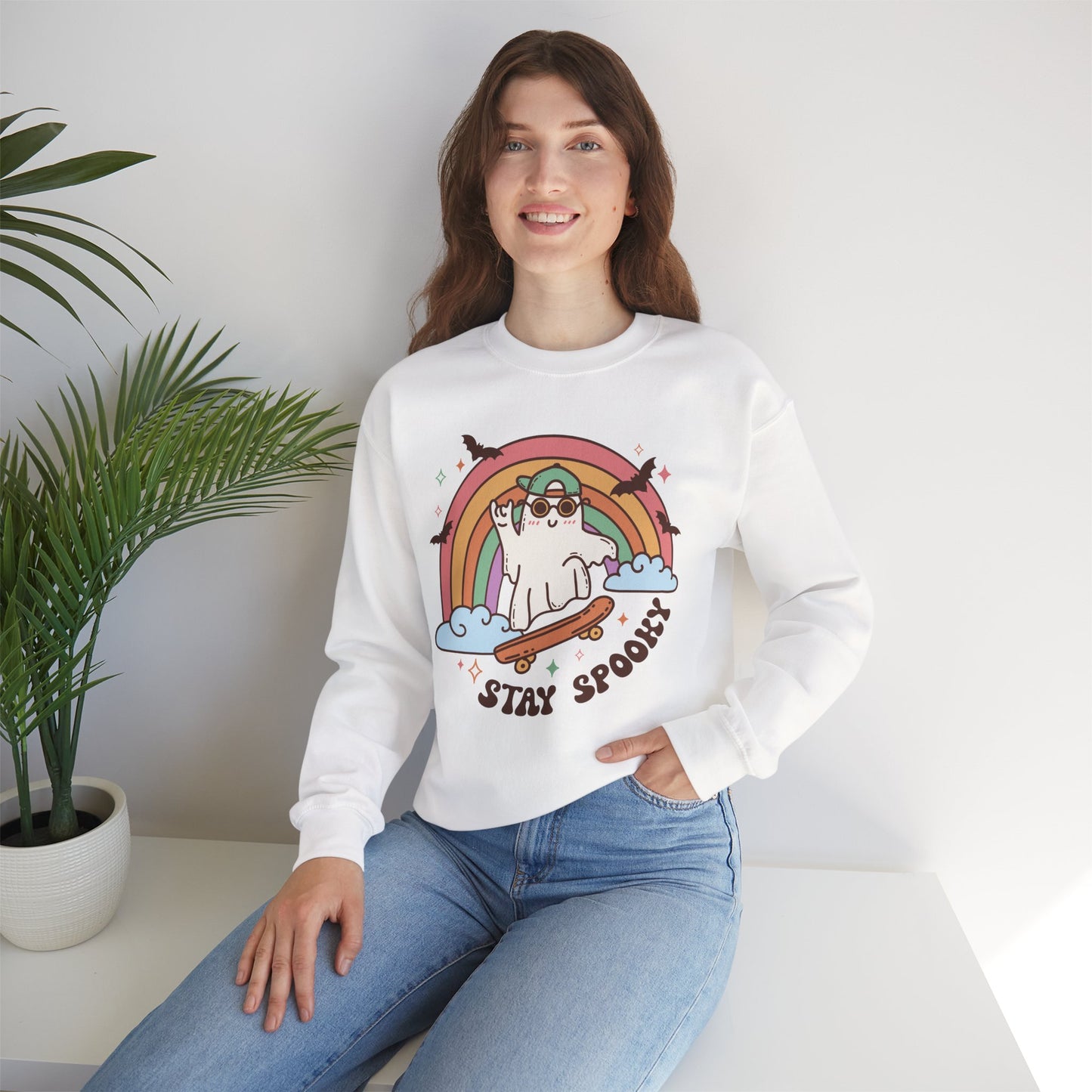 Stay Spooky Ghost Skater Unisex Heavy Blend Crewneck Sweatshirt