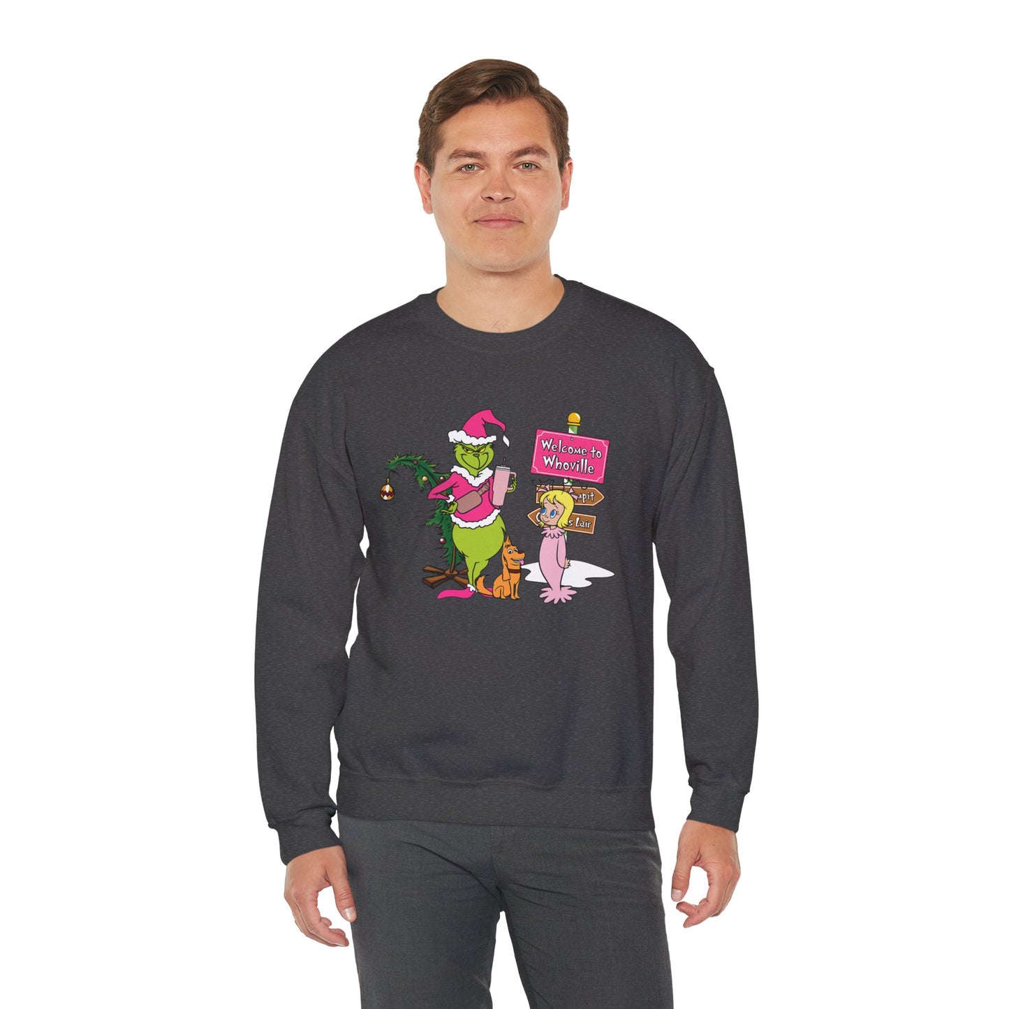 Welcome to Merryville Christmas Crewneck – Cute Green Creature & Winter Village Sweatshirt (Unisex)