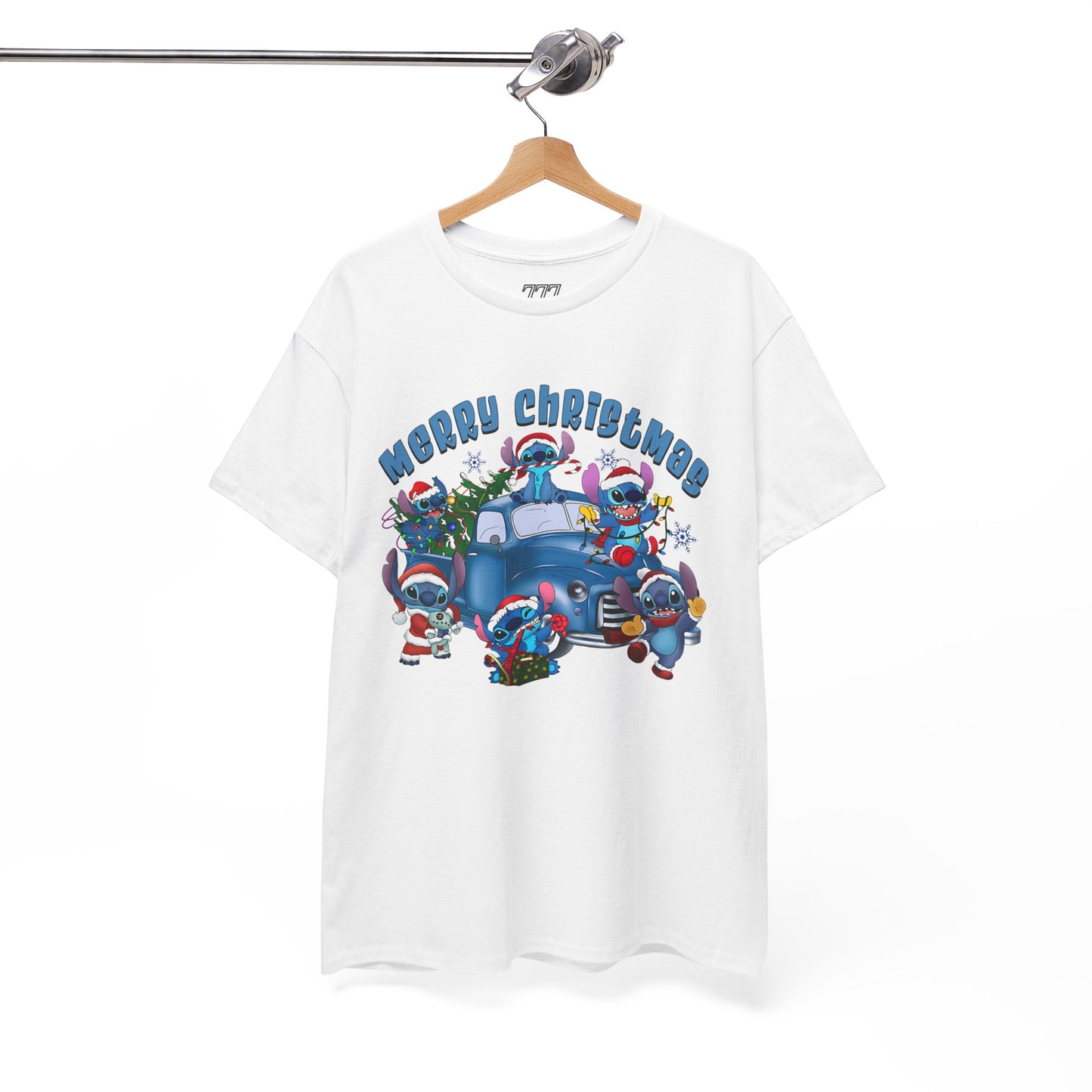 Merry Christmas Unisex Heavy Cotton T-Shirt – Blue Christmas Truck & Cute Holiday Characters Tee