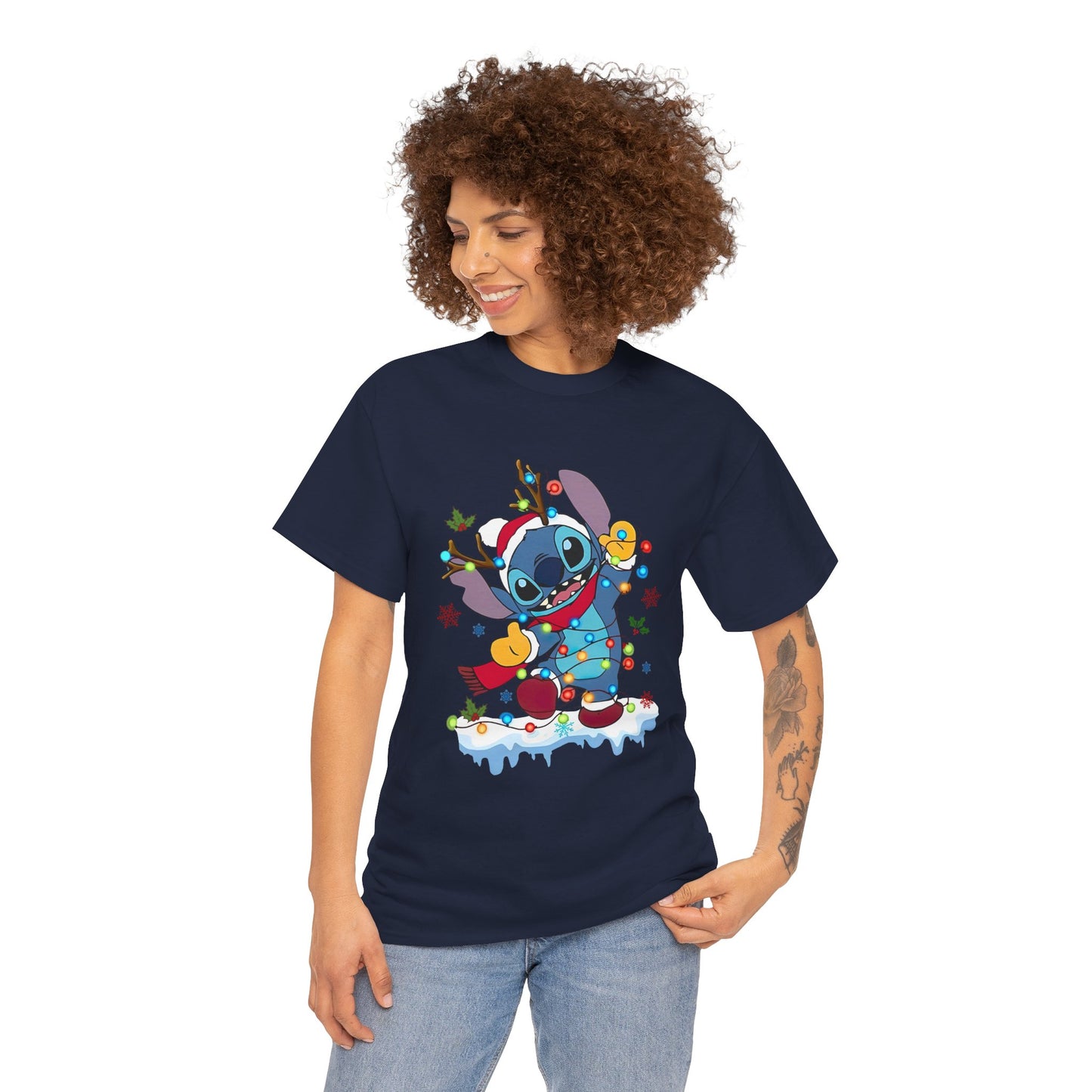 Festive Blue Alien Christmas Lights T-Shirt – Cute Holiday Unisex Tee