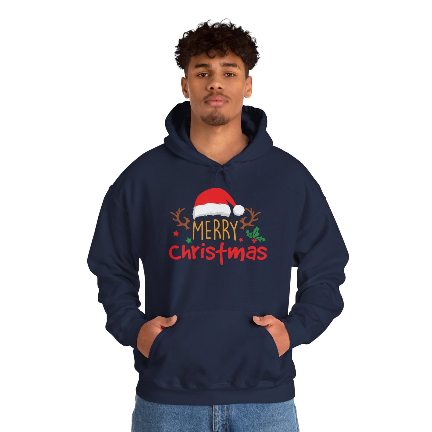 Merry Christmas Reindeer Hoodie – Santa Hat Holiday Unisex Sweatshirt, Festive Xmas Pullover