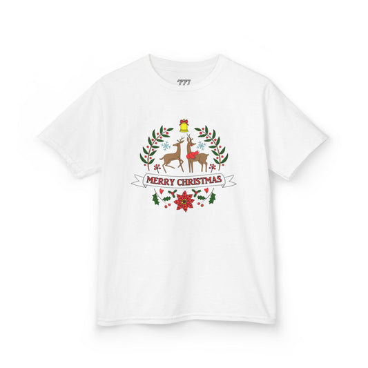 Merry Christmas Reindeer Kids T-Shirt – Cute Holiday Laurel & Poinsettia Tee