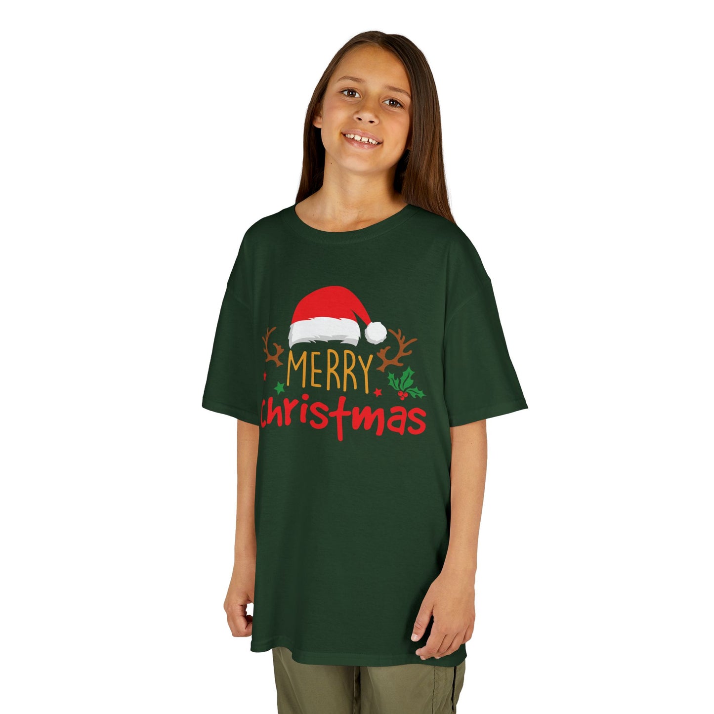 Merry Christmas Reindeer Kids T-Shirt – Cute Holiday Santa Hat Xmas Graphic Tee