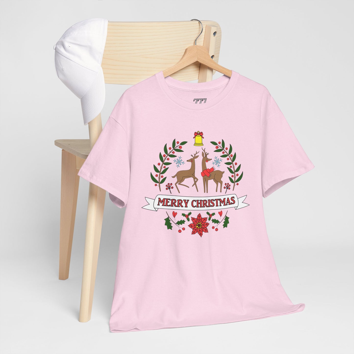 Merry Christmas Reindeer T-Shirt – Classic Holiday Laurel & Poinsettia Tee (Unisex)