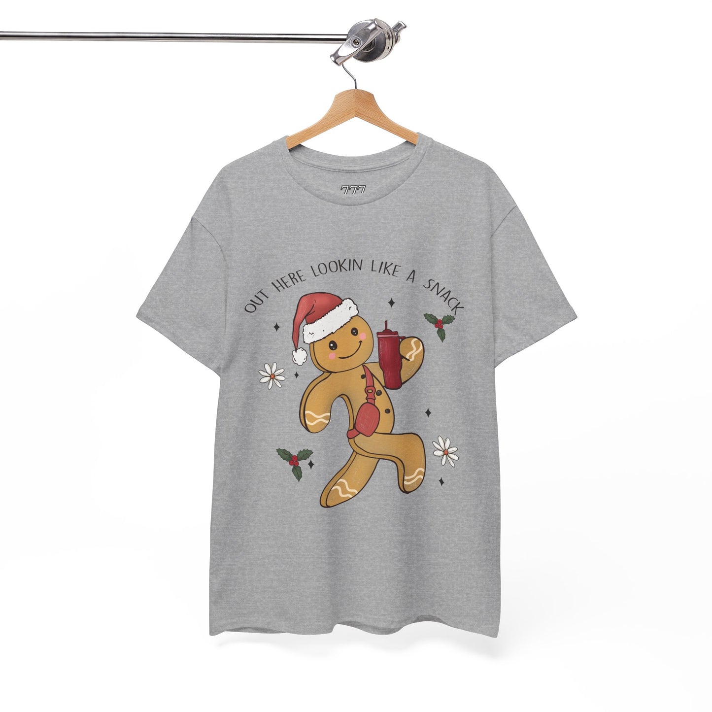 Out Here Looking Like a Snack Gingerbread Funny Christmas Holiday Tee – Cute Santa Hat Festive Unisex Heavy Cotton T-Shirt