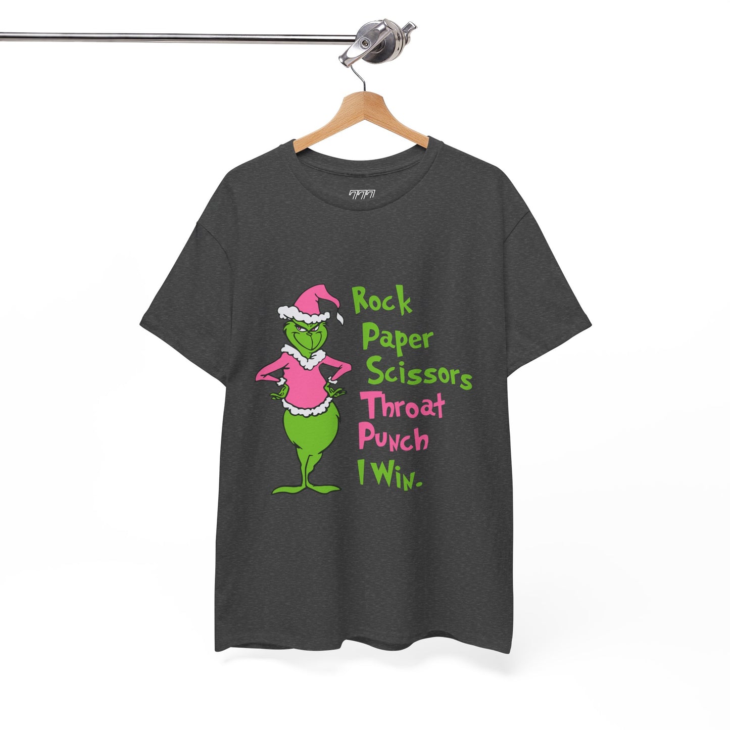 Rock Paper Scissors Throat Punch I Win Funny Christmas Grinch-Inspired Holiday Tee – Sarcastic Pink Santa Unisex Heavy Cotton T-Shirt