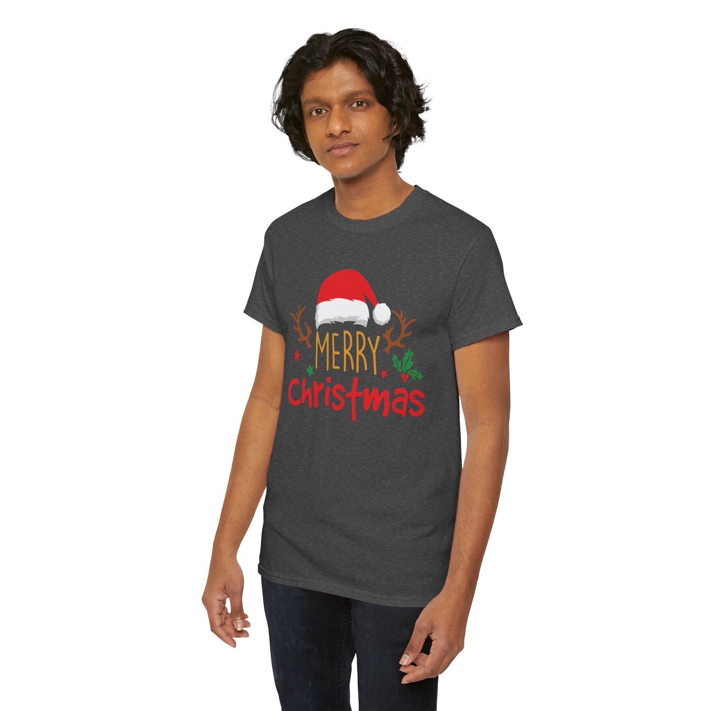 Merry Christmas Reindeer Unisex T-Shirt – Santa Hat Holiday Graphic Tee, Festive Xmas Shirt