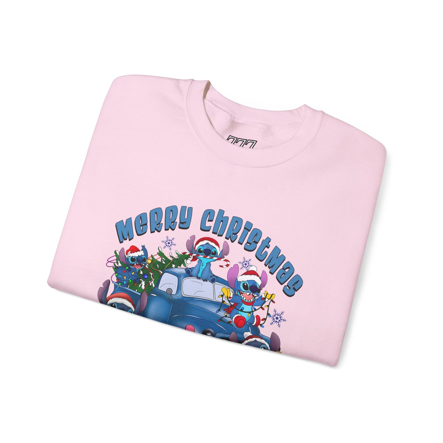 Merry Christmas Unisex Heavy Blend Crewneck Sweatshirt – Blue Christmas Truck & Cute Holiday Characters Sweater