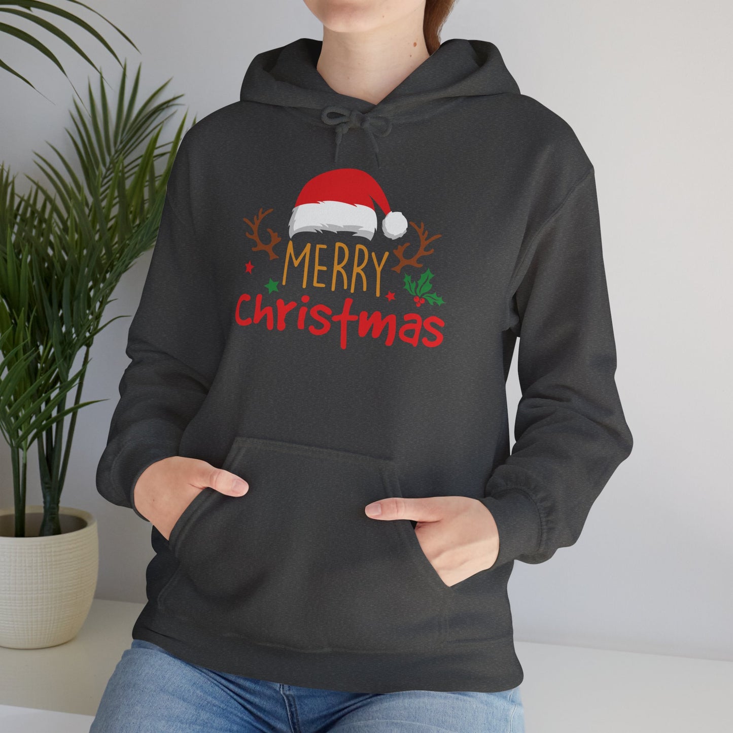 Merry Christmas Reindeer Hoodie – Santa Hat Holiday Unisex Sweatshirt, Festive Xmas Pullover