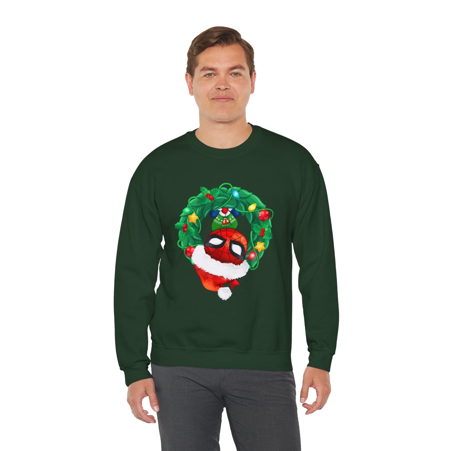 Spidey Wreath Christmas Sweatshirt – Superhero Holiday Lights Festive Unisex Heavy Blend Crewneck