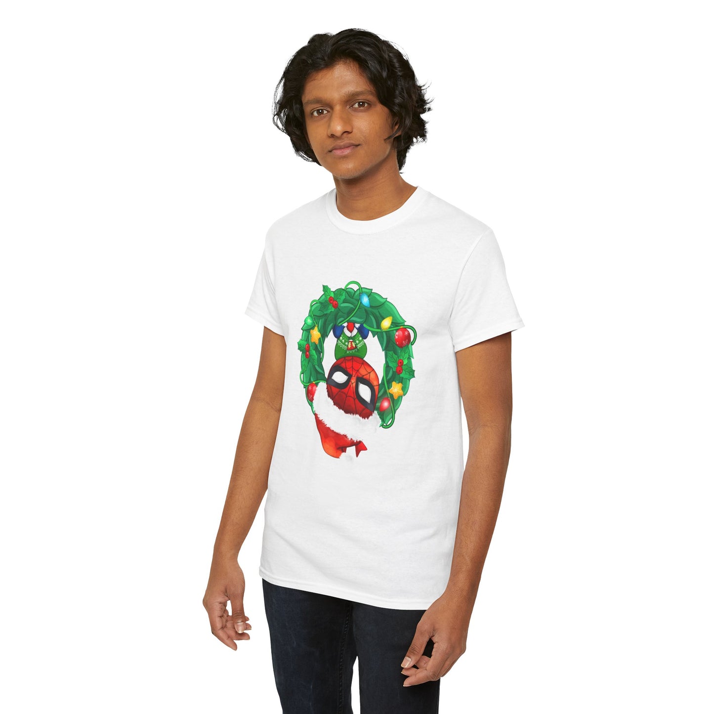 Spidey Wreath Christmas Tee – Superhero Holiday Lights Festive Unisex Heavy Cotton T-Shirt