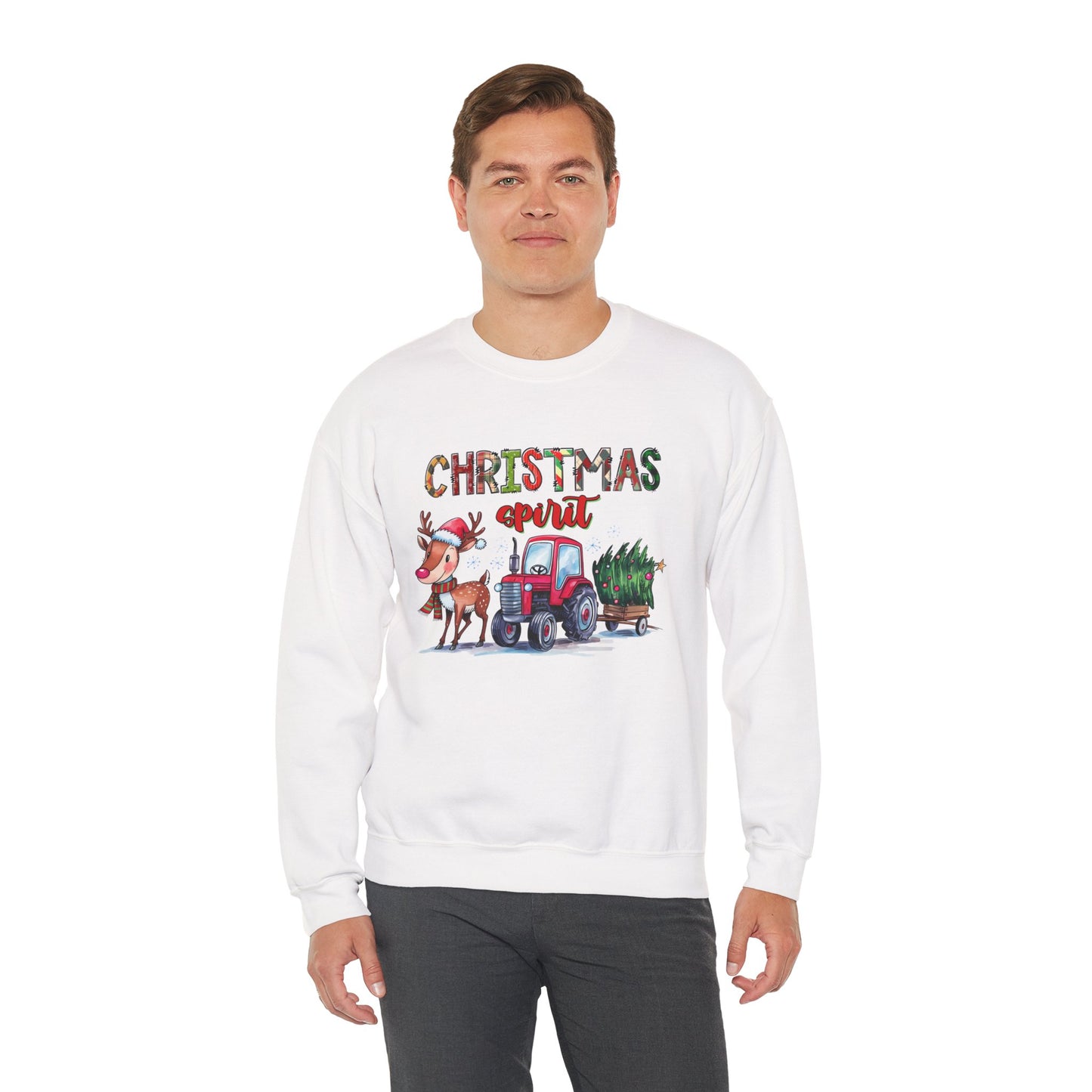 Christmas Spirit Unisex Heavy Blend Crewneck Sweatshirt – Cute Reindeer & Red Tractor Holiday Sweater