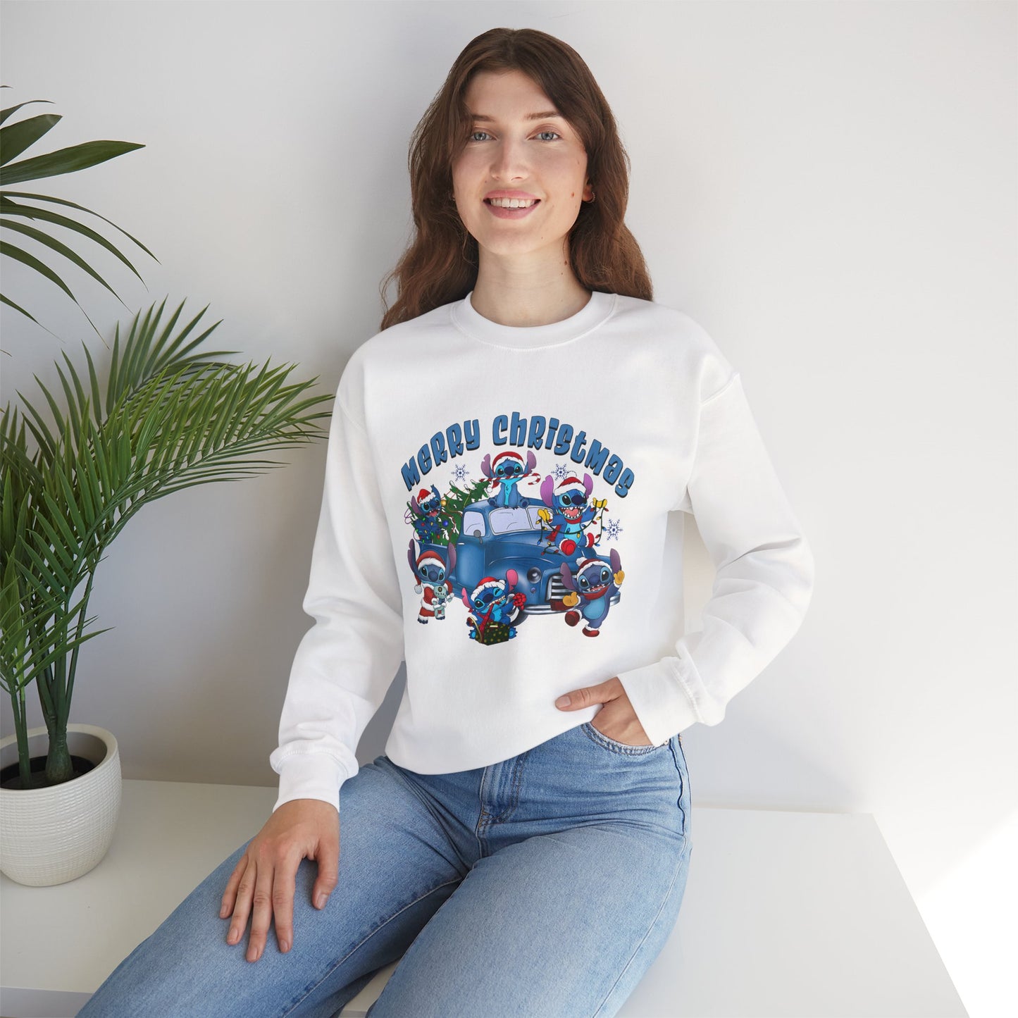 Merry Christmas Unisex Heavy Blend Crewneck Sweatshirt – Blue Christmas Truck & Cute Holiday Characters Sweater