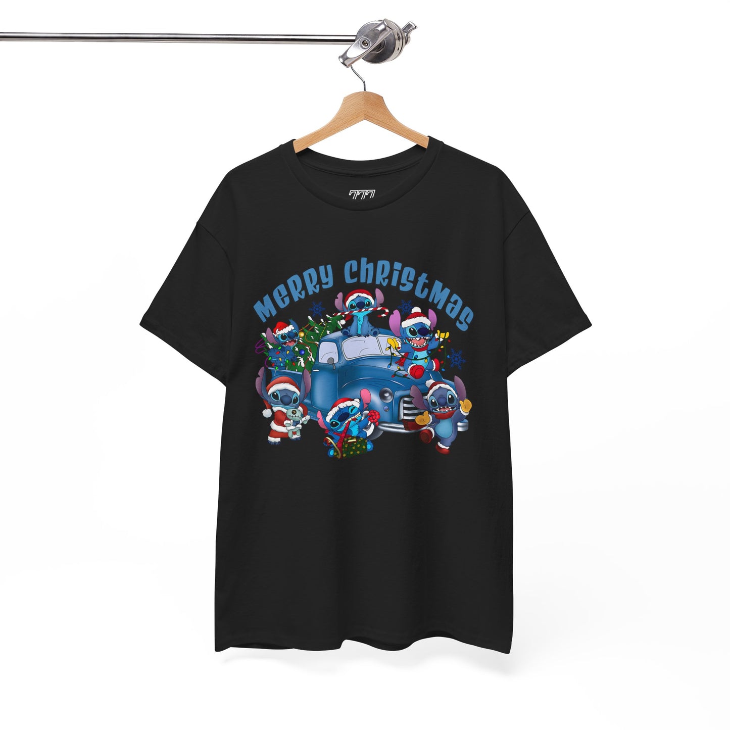 Merry Christmas Unisex Heavy Cotton T-Shirt – Blue Christmas Truck & Cute Holiday Characters Tee