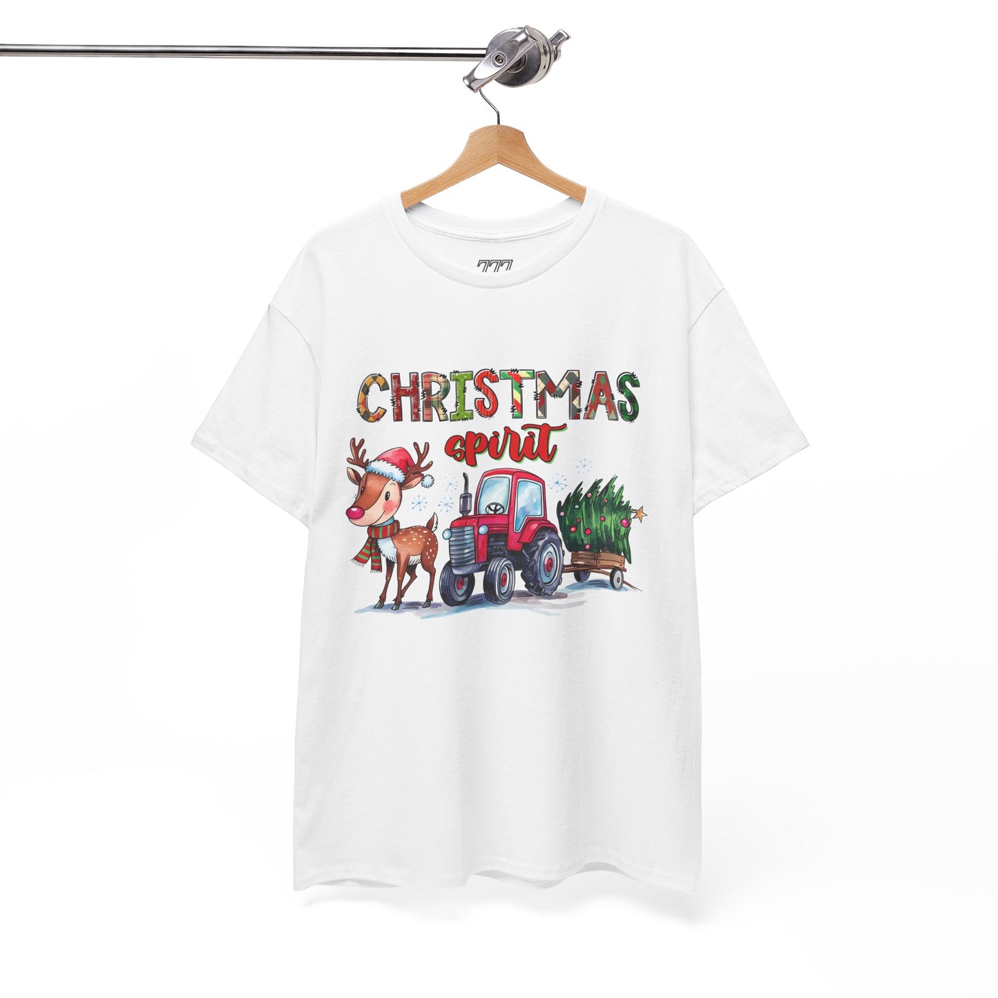 Christmas Spirit Unisex Heavy Cotton T-Shirt – Cute Reindeer & Red Tractor Holiday Tee