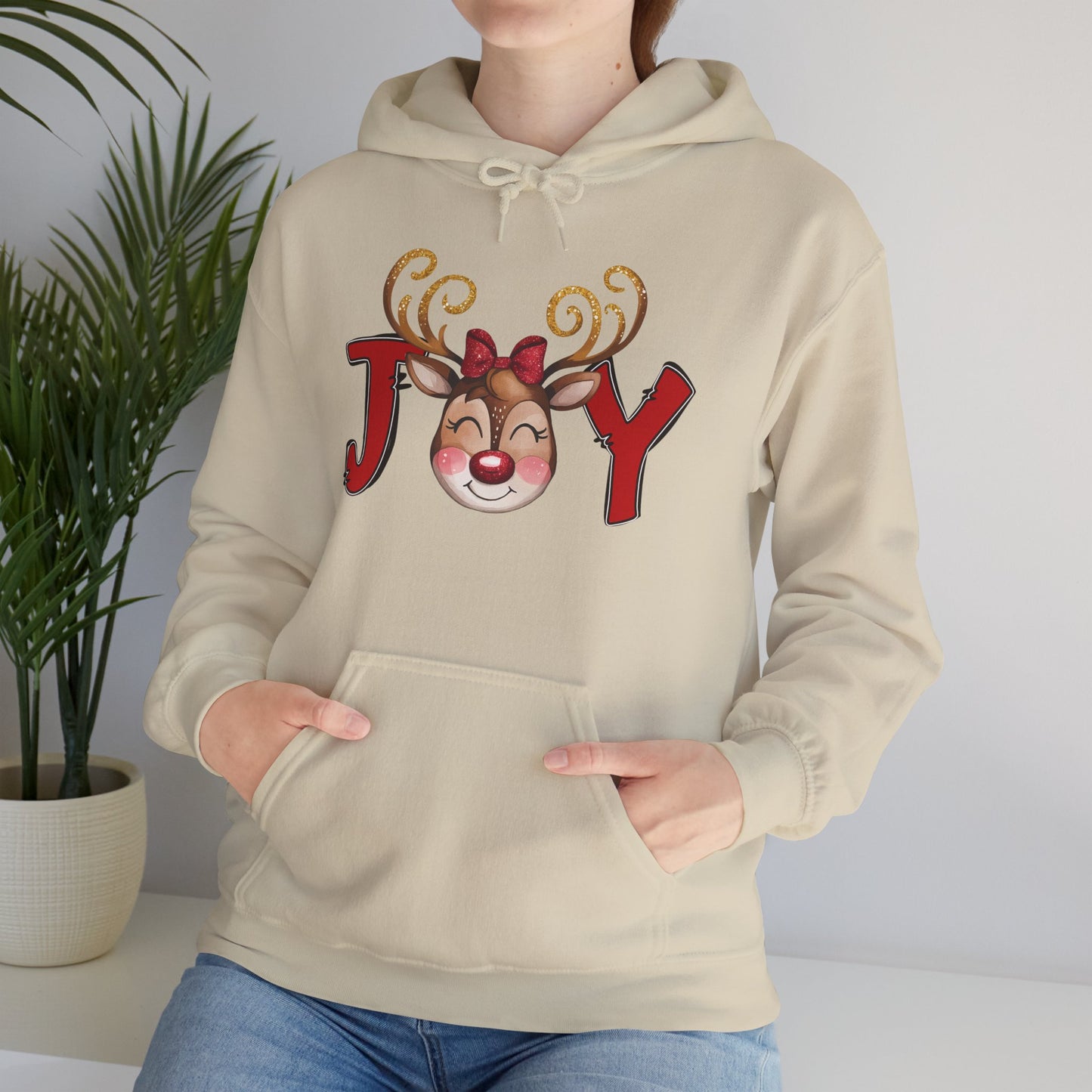 Reindeer Joy Women’s Christmas Hoodie – Cute Holiday Reindeer Heavy Blend Hooded Sweatshirt