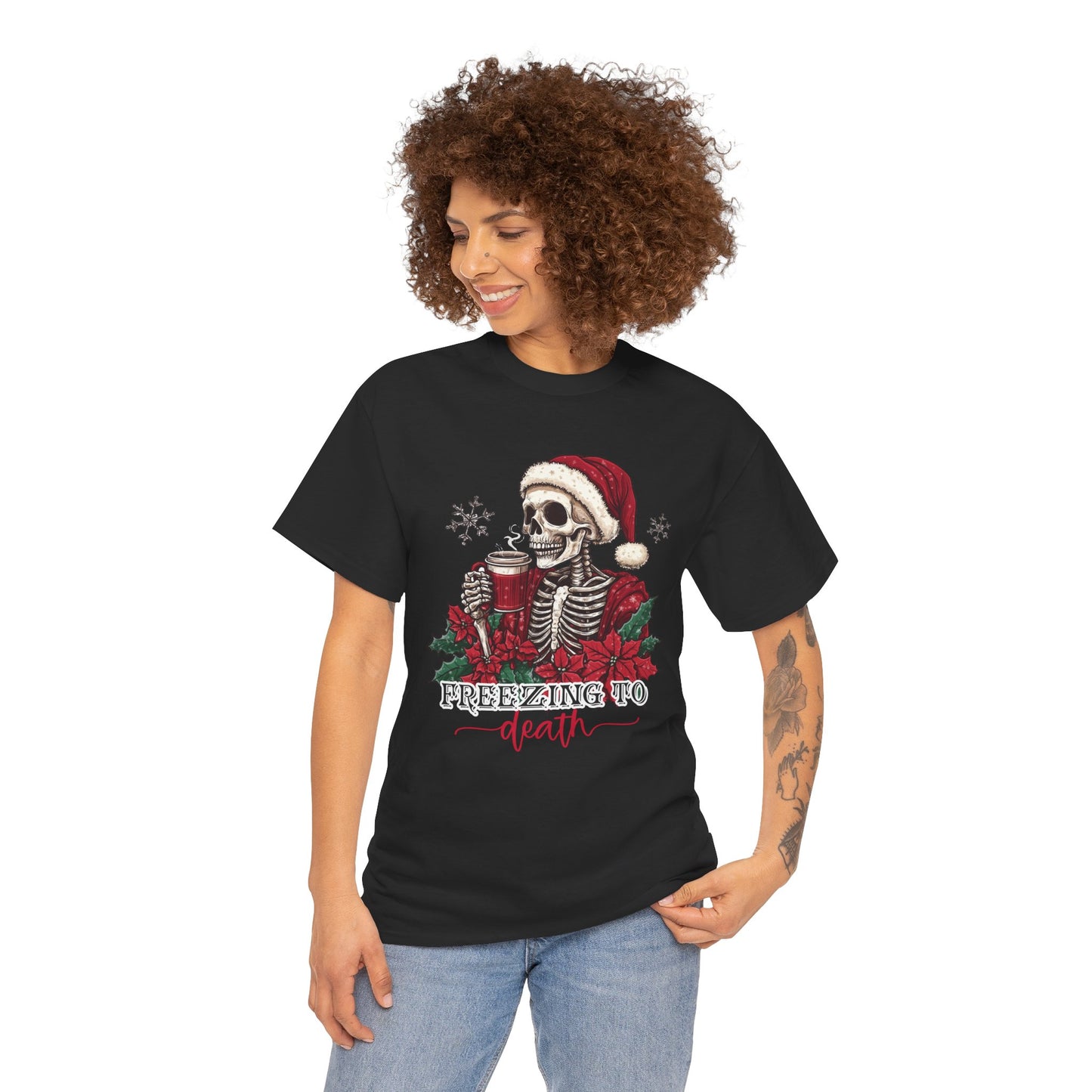 Freezing To Death Skeleton Christmas Tee – Funny Holiday Unisex Heavy Cotton T-Shirt, Winter Coffee Xmas Shirt