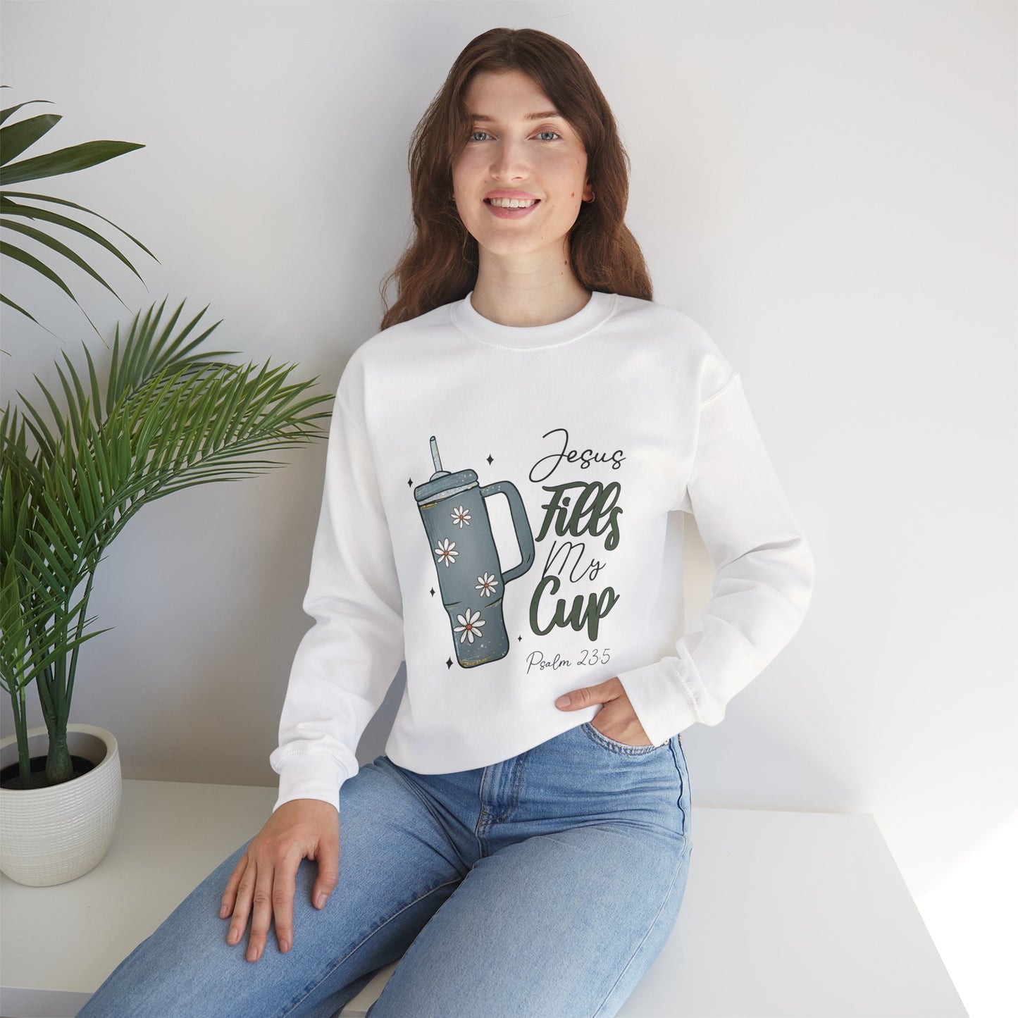 Jesus Fills My Cup Christian Sweatshirt – Faith Bible Verse Psalm 23:5 Inspirational Unisex Heavy Blend Crewneck